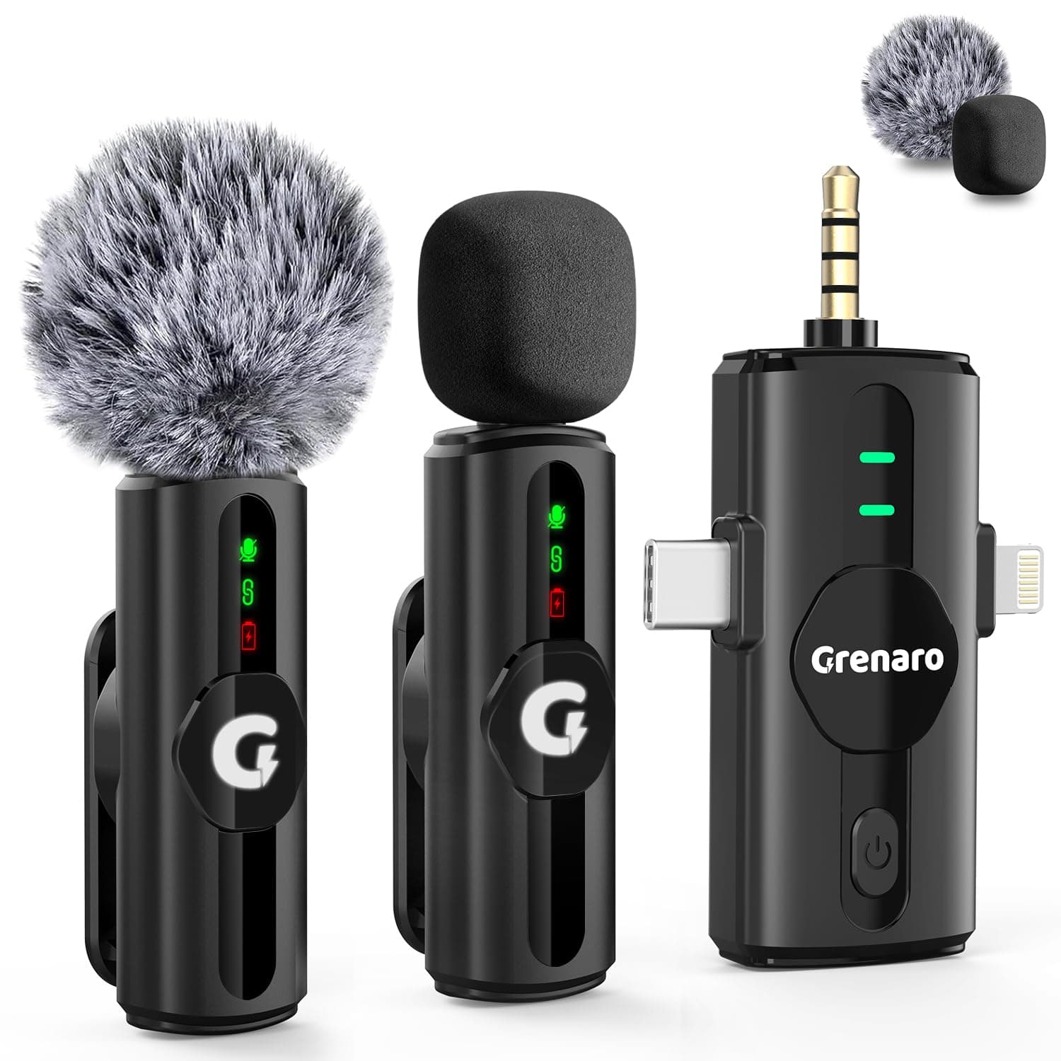 GRENARO Mic for YouTube Wireless, 3-Level Adjustable Noise Reduction Mic Wireless,S12 Wireless Microphone for Youtubers with LED Indicator Light (Dual Channel 3 in 1 Port Version)