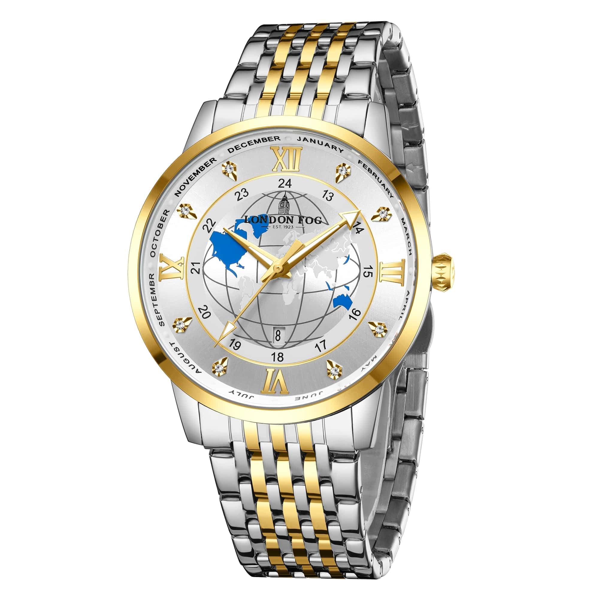 London Fog Baker Collection Analog Quartz Watch for Men with Silver Dial, Two Tone Silver & Gold Stainless Steel Strap, Luminous Hands and World Map Dial Design - LFM10009-33