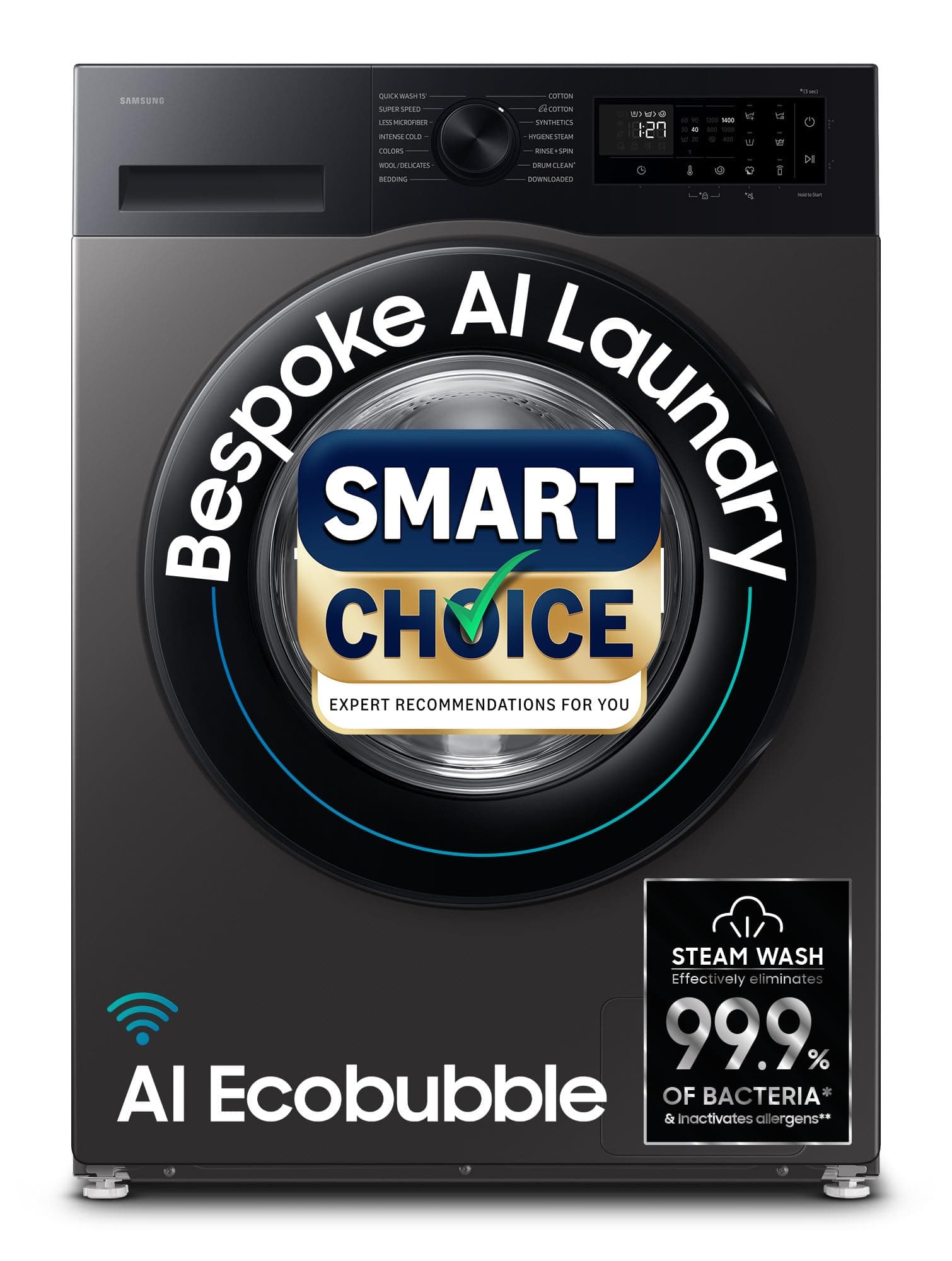 Samsung Smart Choice 12 kg, 5star, AI Ecobubble, Super Speed, Wi-Fi, Hygiene Steam with Inbuilt Heater, Digital Inverter, Fully-Automatic Front Load Washing Machine (WW12DG5B24AXTL, Inox)