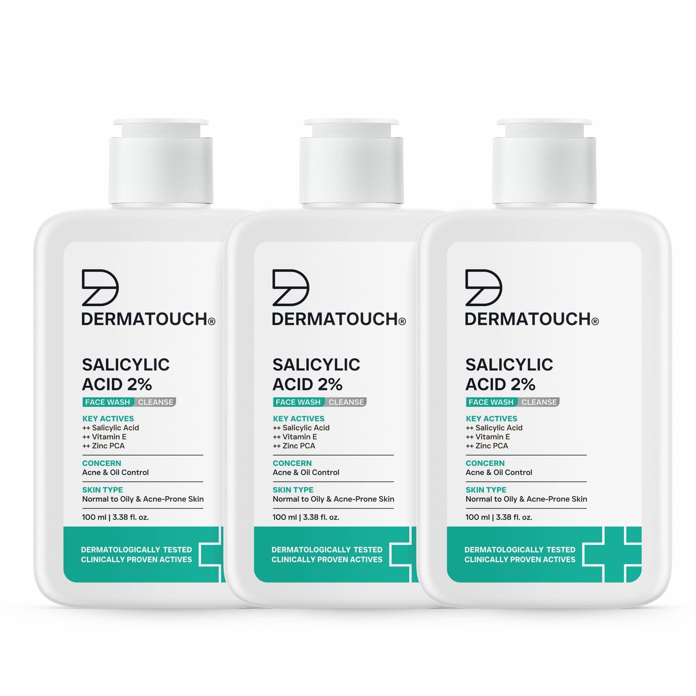 DERMATOUCH Salicylic Acid 2% Face Wash | For Acne & Oil Control | For Normal to Oily and Acne-Prone Skin | Dermatologist Tested | For Men & Women |100ml (Pack of 3)