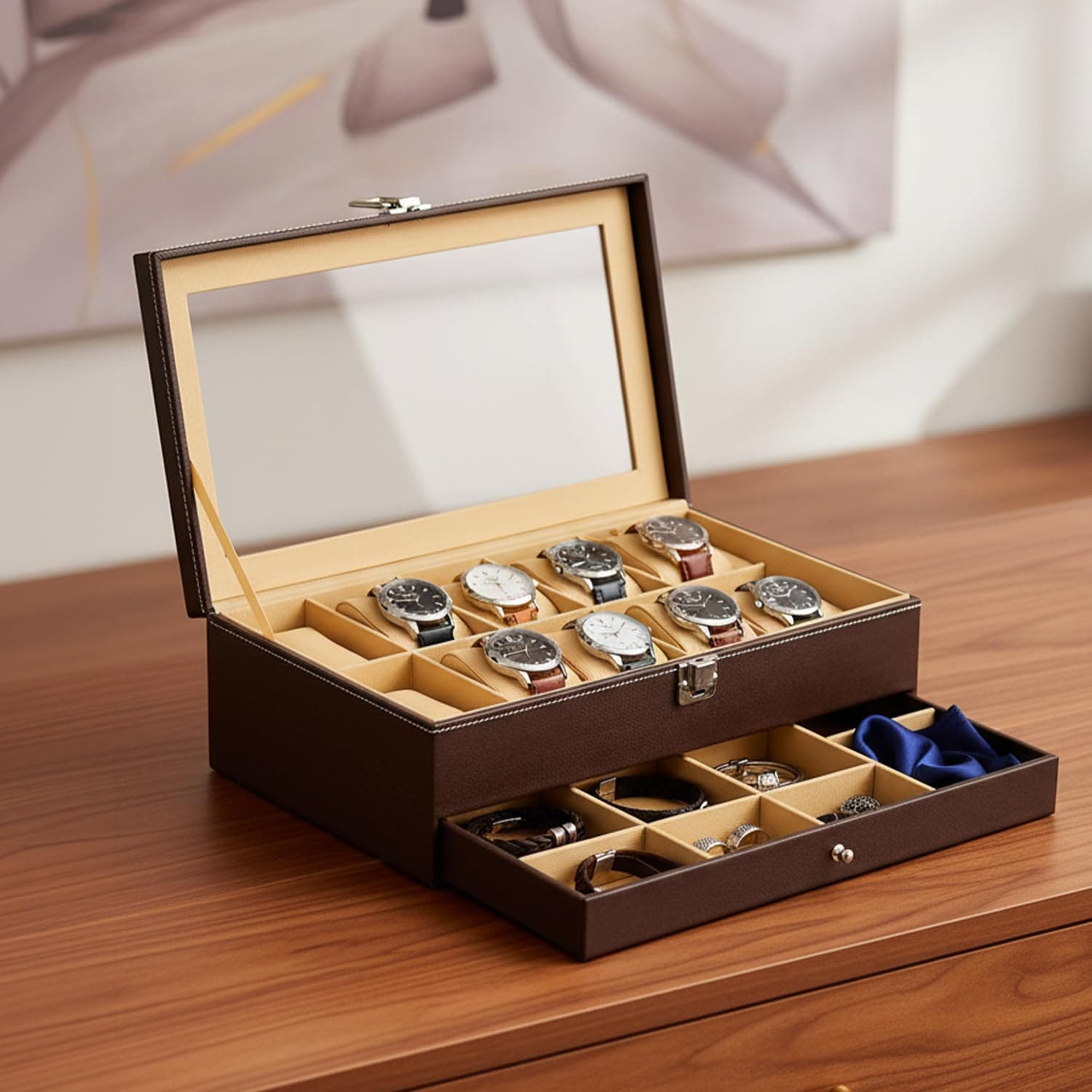 Amazon Basics Sliding Drawer 12-Slot Watch and Jewelry Organizer – Faux Leather & MDF Storage Box for Men and Women, Brown