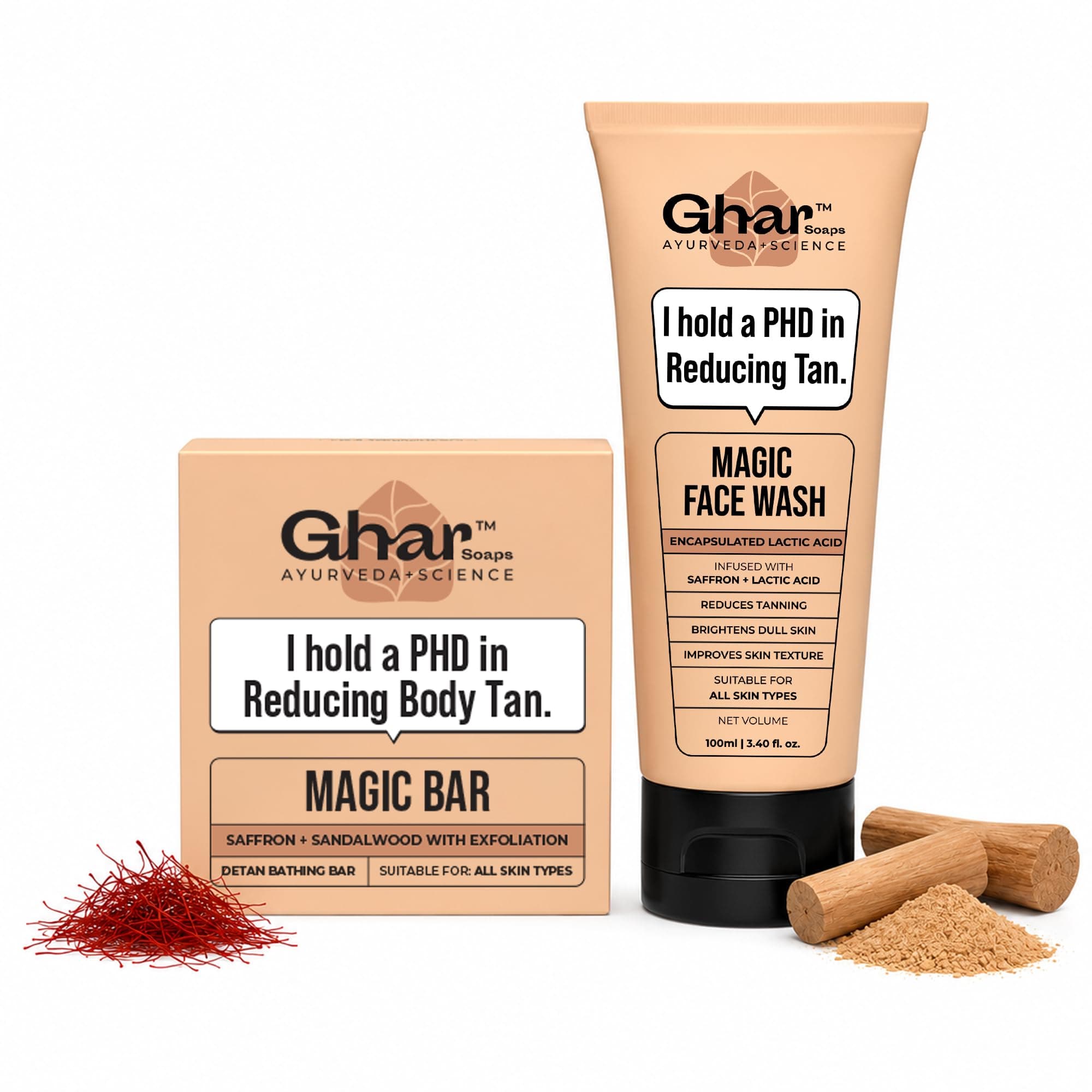 Ghar Soaps Magic De-Tan Face Wash & Sandalwood Saffron Bath Soap | With Sandalwood, Saffron & Glutathione | Reduce Tan, Brightening & Glowing Skin | Handmade & Paraben-Free | For Men & Women