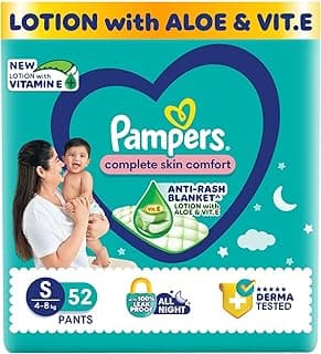 Pampers Complete Skin Comfort Pants, (SM) 52 Count, Anti-rash blanket, Lotion with Vitamin E & Aloe Vera, Small size baby diapers, 4-8 kg