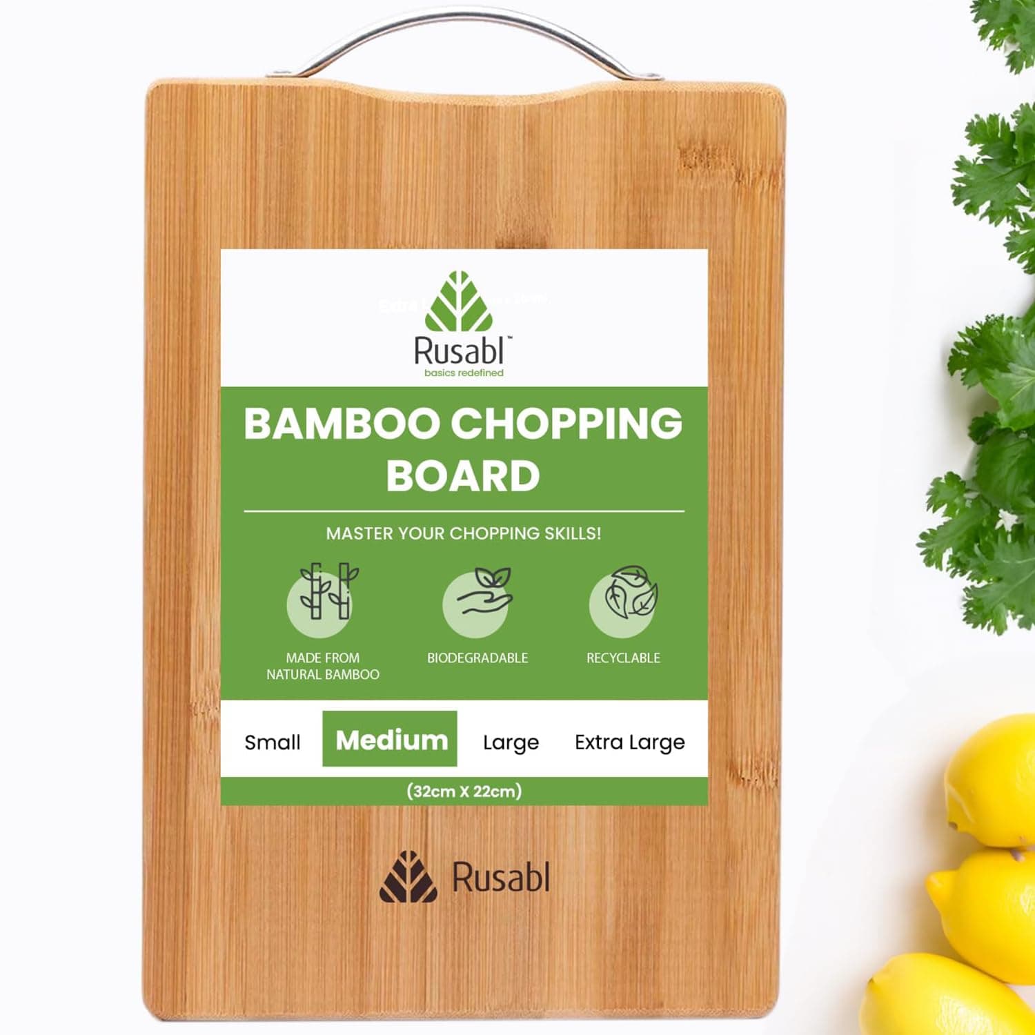 Rusabl Medium Bamboo Wooden Chopping Board, Metal Handle, 32x22 cm