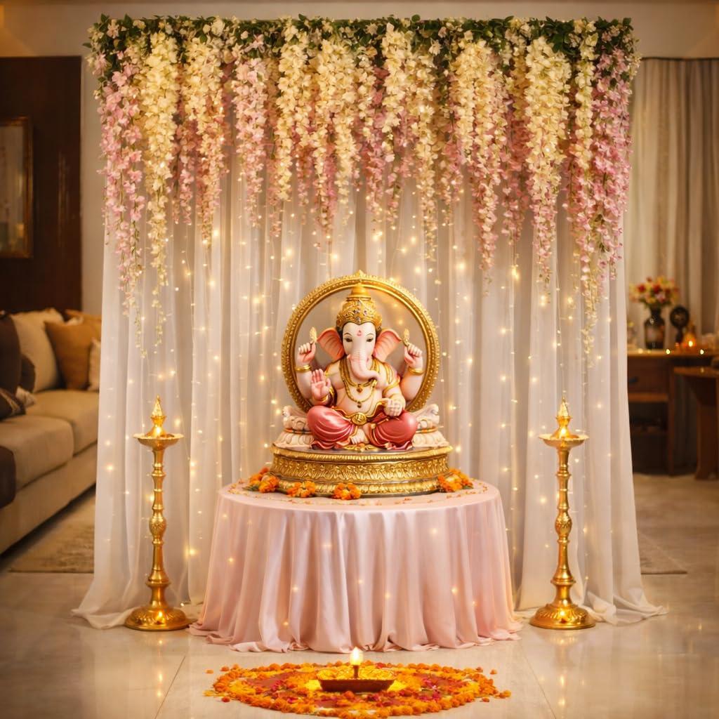 Lazybeee Backdrop Decoration Kit | Net Curtain & Artificial Plant Vines for Ganesh Chaturthi, Haldi & Mehndi, Home Decor & Birthday & Parties | (Design 1)