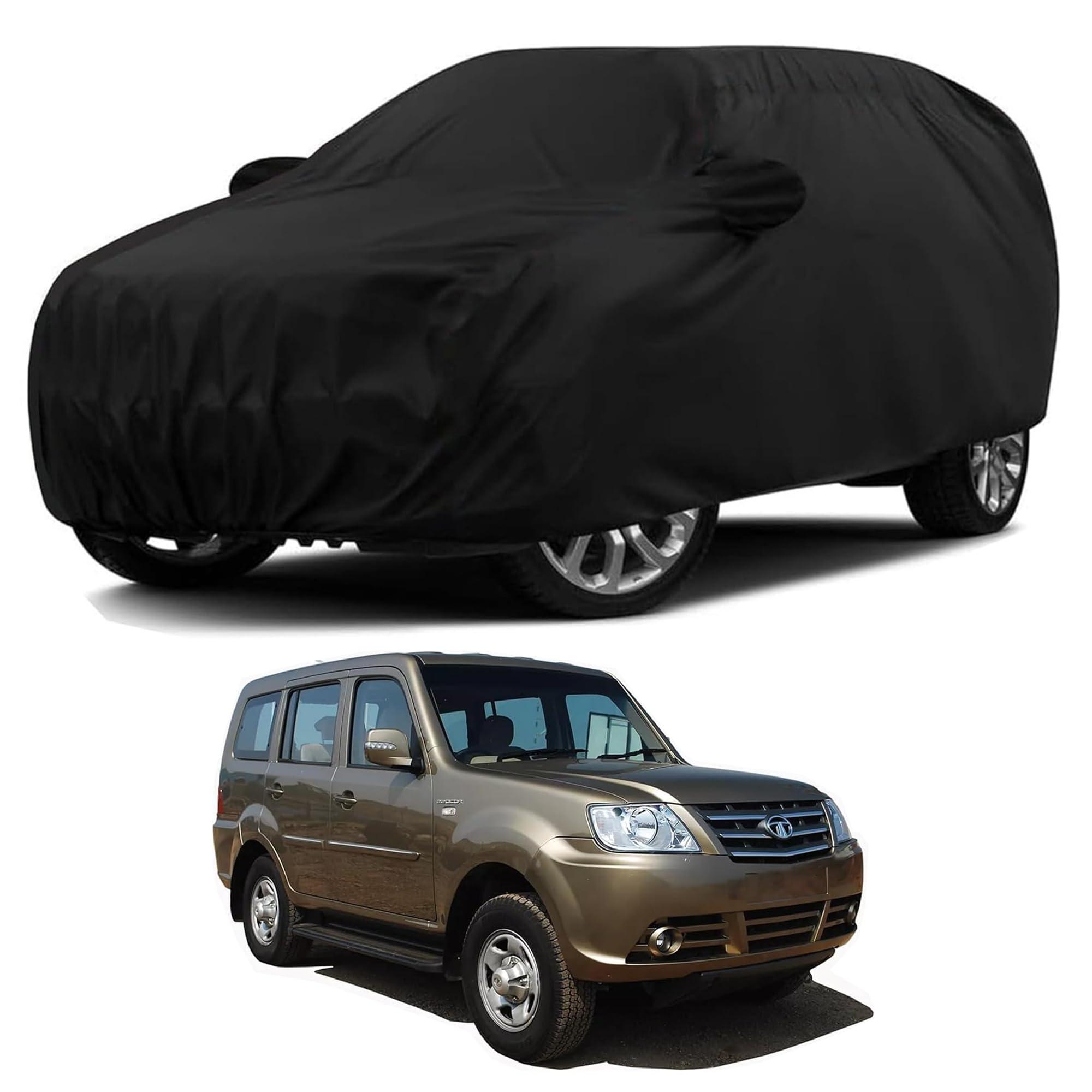 Sulfar 100% Water Resistant Car Body Cover Compatible with Mirror & Antenna Pockets for Tata Sumo Grand Dicor (Triple Stitched, Full Bottom Elastic, Black)