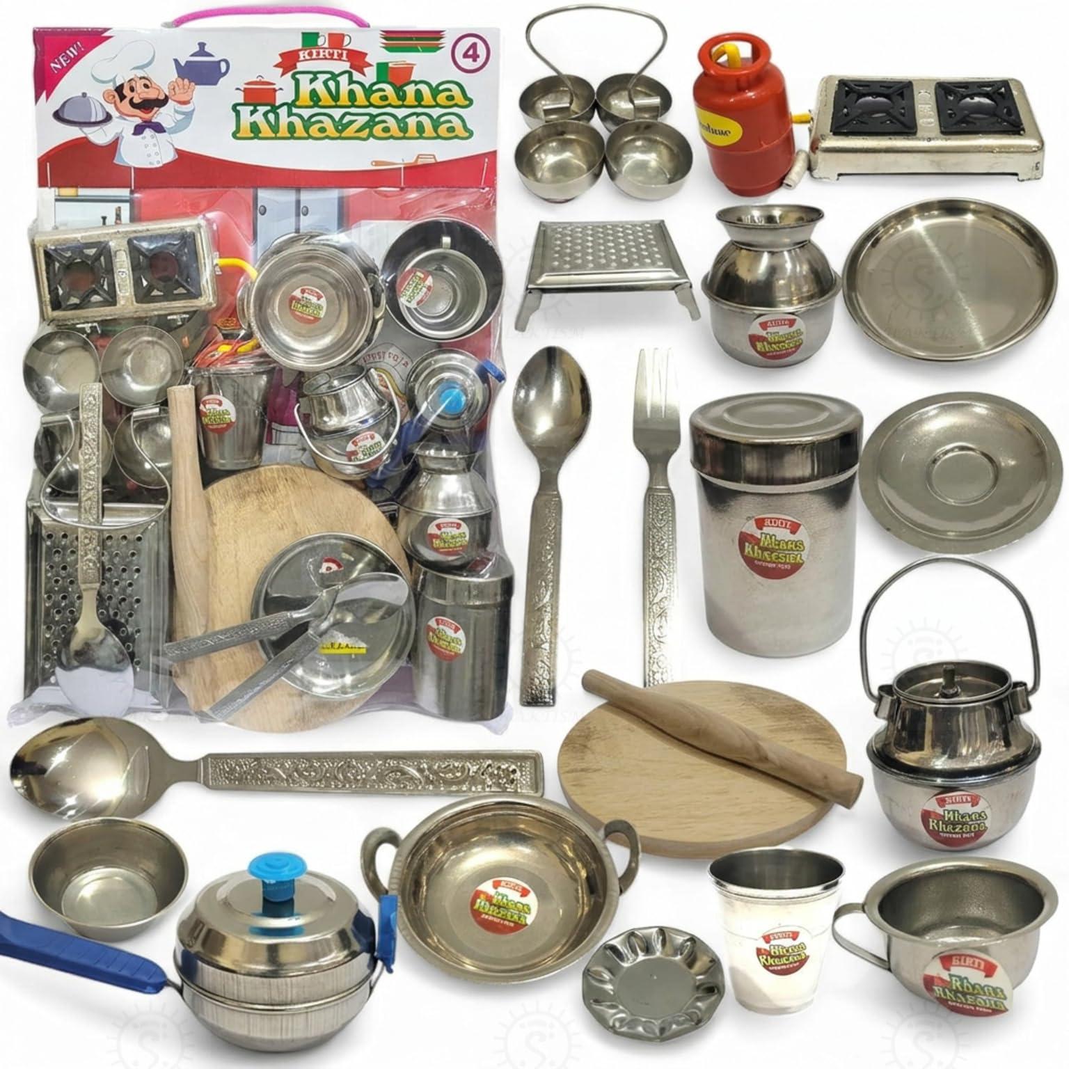 SHAKTISM Steel Kitchen Set Toys for Kids, Role Playing Kitchen Set of Stainless Steel with Wooden Chakla Belan Set, Master Chef Role Playing Kitchen Set Master Chef for Kids (Kitchen Set No-04)