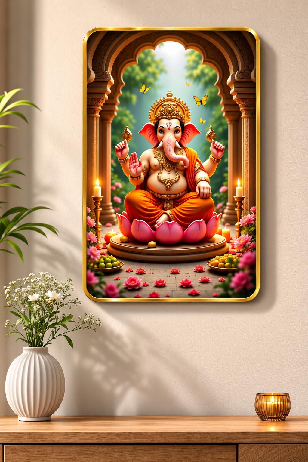BerryBox Lord Ganesha Wall Painting with Golden Frame Border 11 x 17 Inch | Premium Ganpati Wall Art for Living Room, Bedroom, Office & Pooja Room | Spiritual Vastu Home Décor for Peace, Prosperity & Positivity