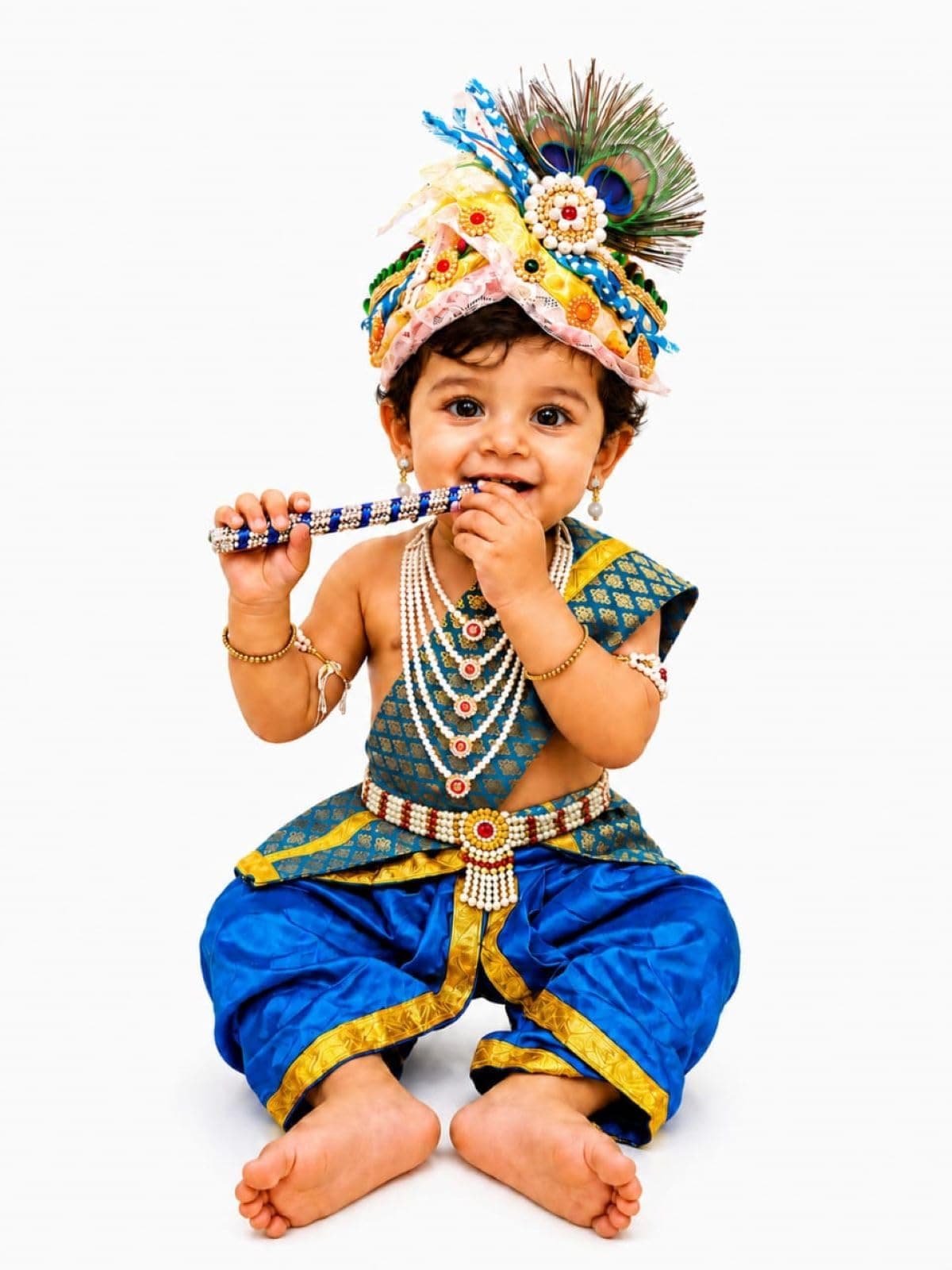 BookMyCostume Krishna Costume with Heavy Jewellery and Pagdi and Brocade - Janmashtami Complete Premium Dress for Baby Kanha Boys & Girls - Light Blue 2-3 Years