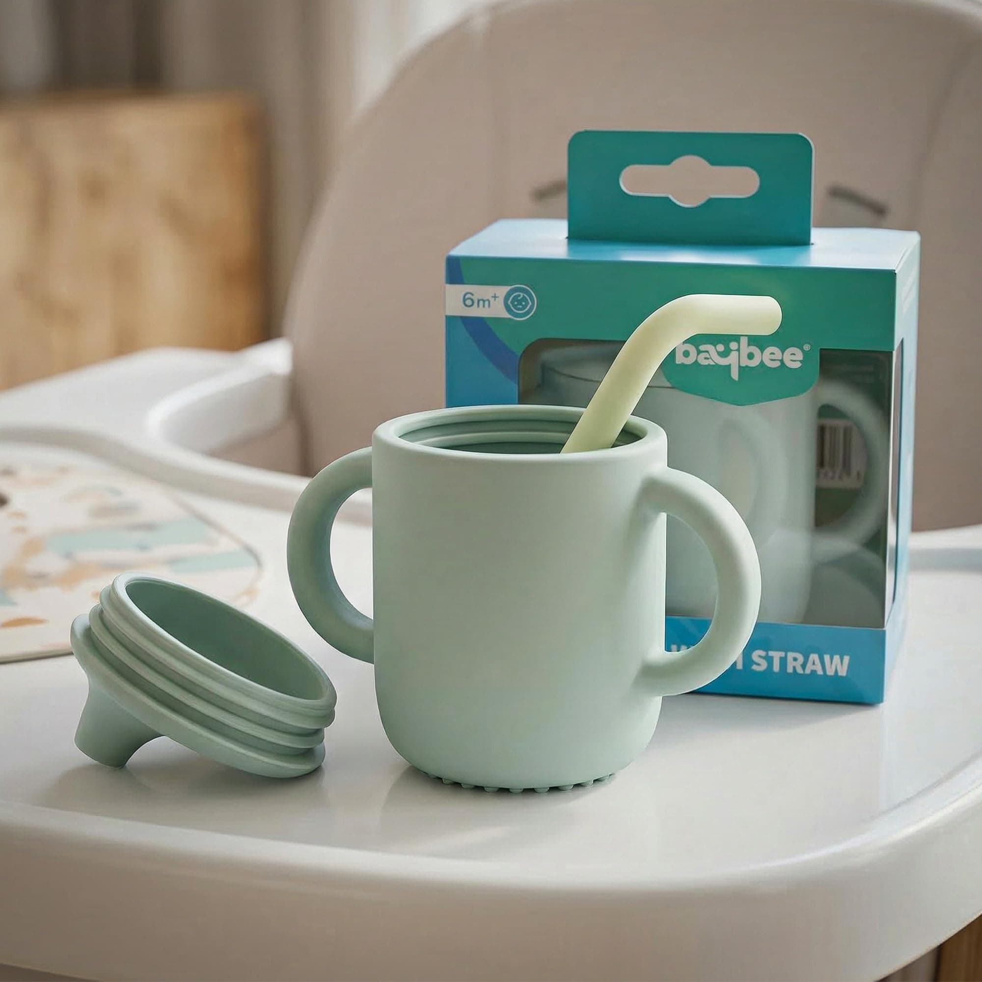 BAYBEE Baby BPA-Free Silicone Sipper Cup for Kids Drinking Training Anti Spill Sippy Cup/Glass with Soft Silicone Straw & Lid for Baby, Non-Slip Twin Handles Spout Cup for Infants 6+ Months (Green)