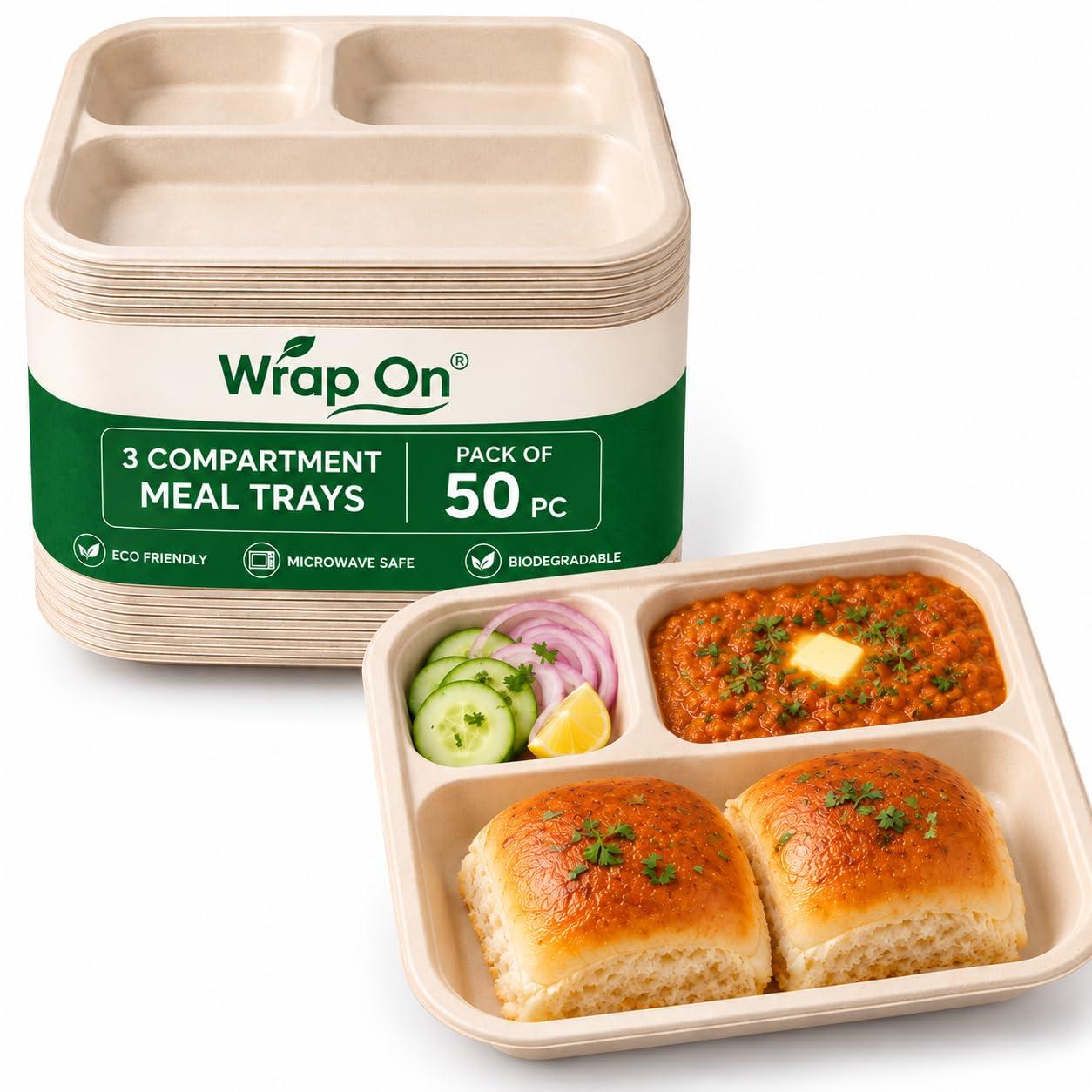 WRAP ON 3 Compartment Bagasse Meal Tray | Pack of 50 | Disposable Plates Medium Size 9 inch for Food | Microwave Safe | Perfect for Party, Events & Buffets 3cp Plate