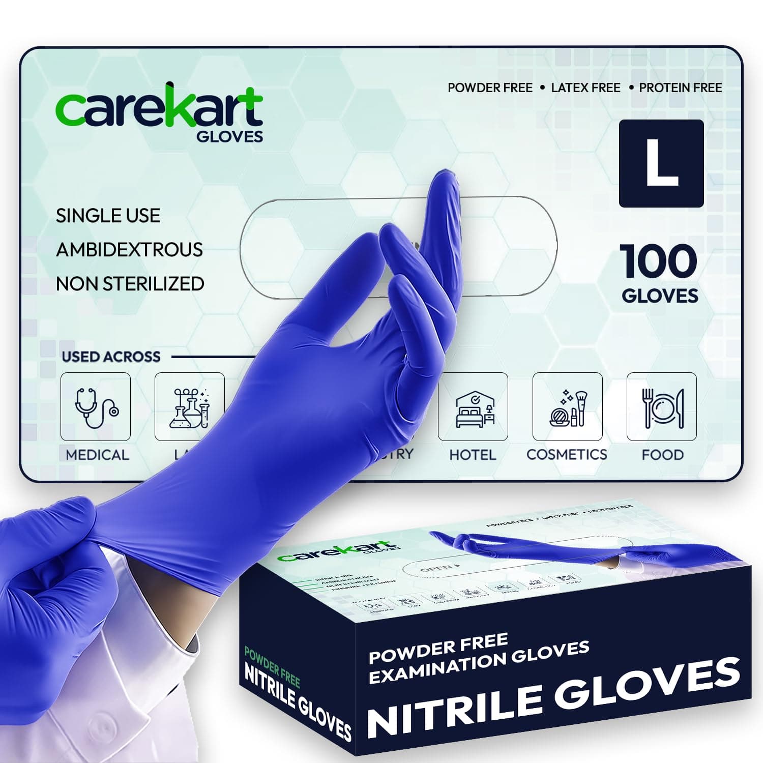 Carekart Gloves Nitrile Powder-Free Examination Gloves | Made In India | Disposable Hand Gloves - Blue, Large (Pack of 100)