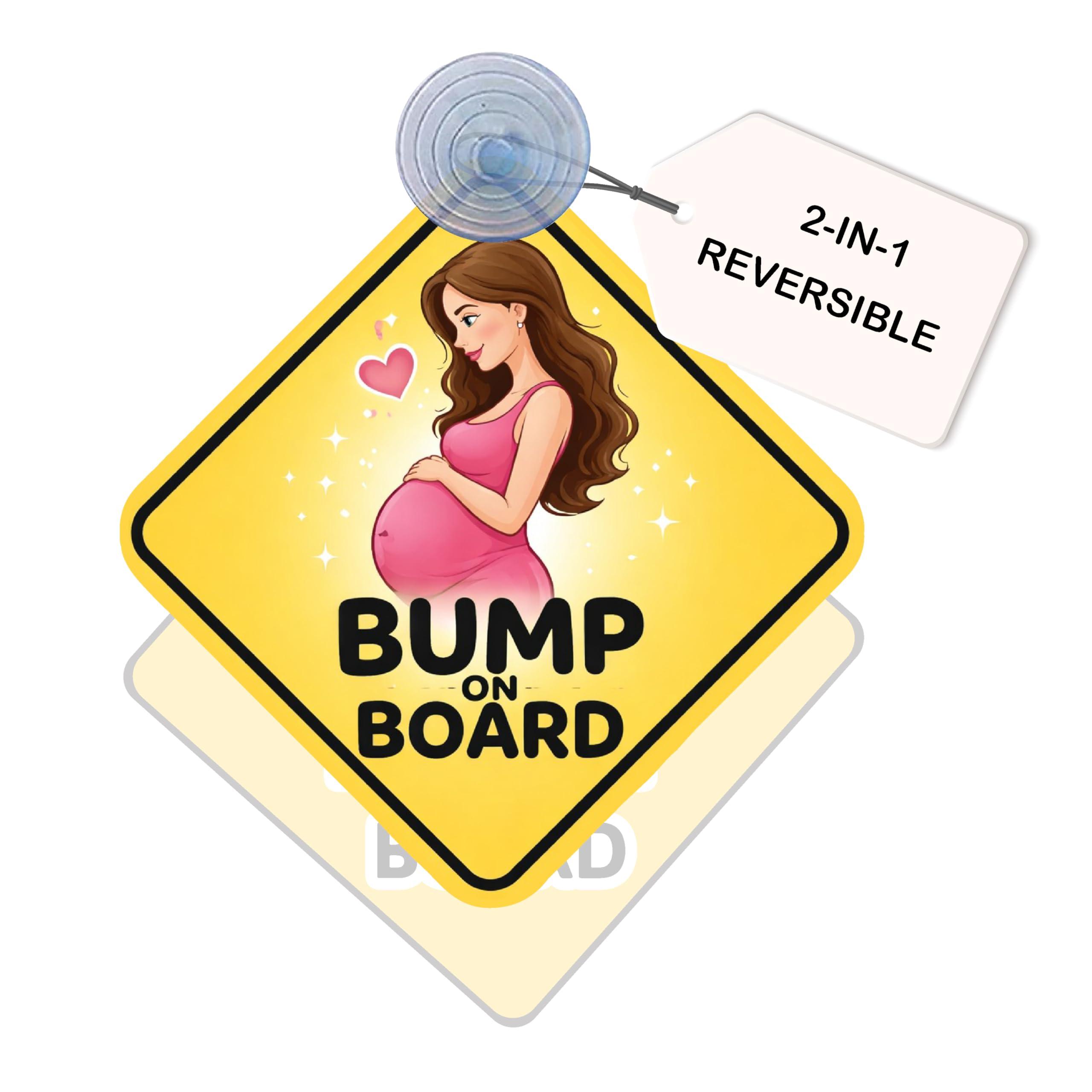 DecalHub 2-in-1 Reversible Baby on Board & Bump On Board Car Hanging Sign | Pregnant Women and Kids Safety Sign Rear Windshield Hanging with Suction Cup