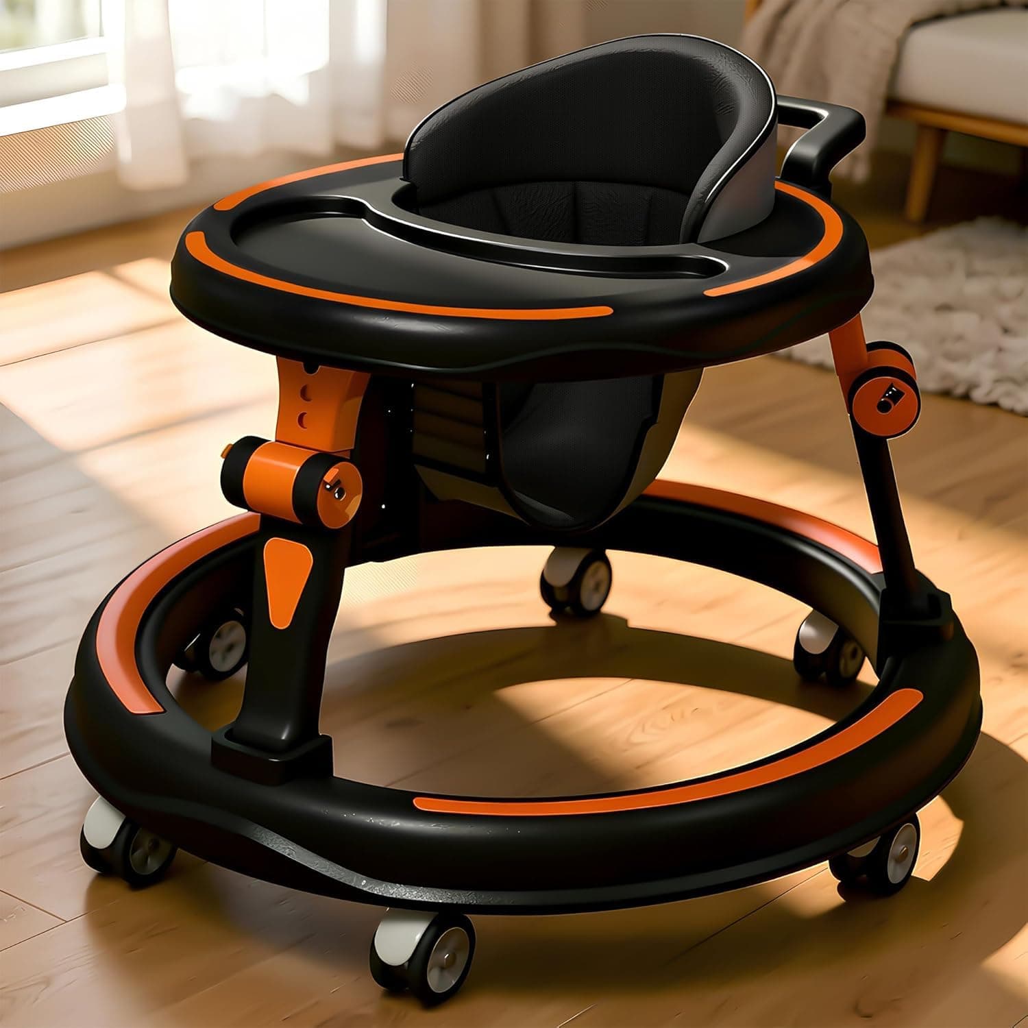 StarandDaisy Baby Walker for Babies, 6-18 Month Baby Boy & Girl, Adjustable Height Infant Learning Walker with 360° Wheels, Anti-Slip, Comfortable Padded Seat, Activity Tray, Foldable Toddler Walker (Orange-Black)