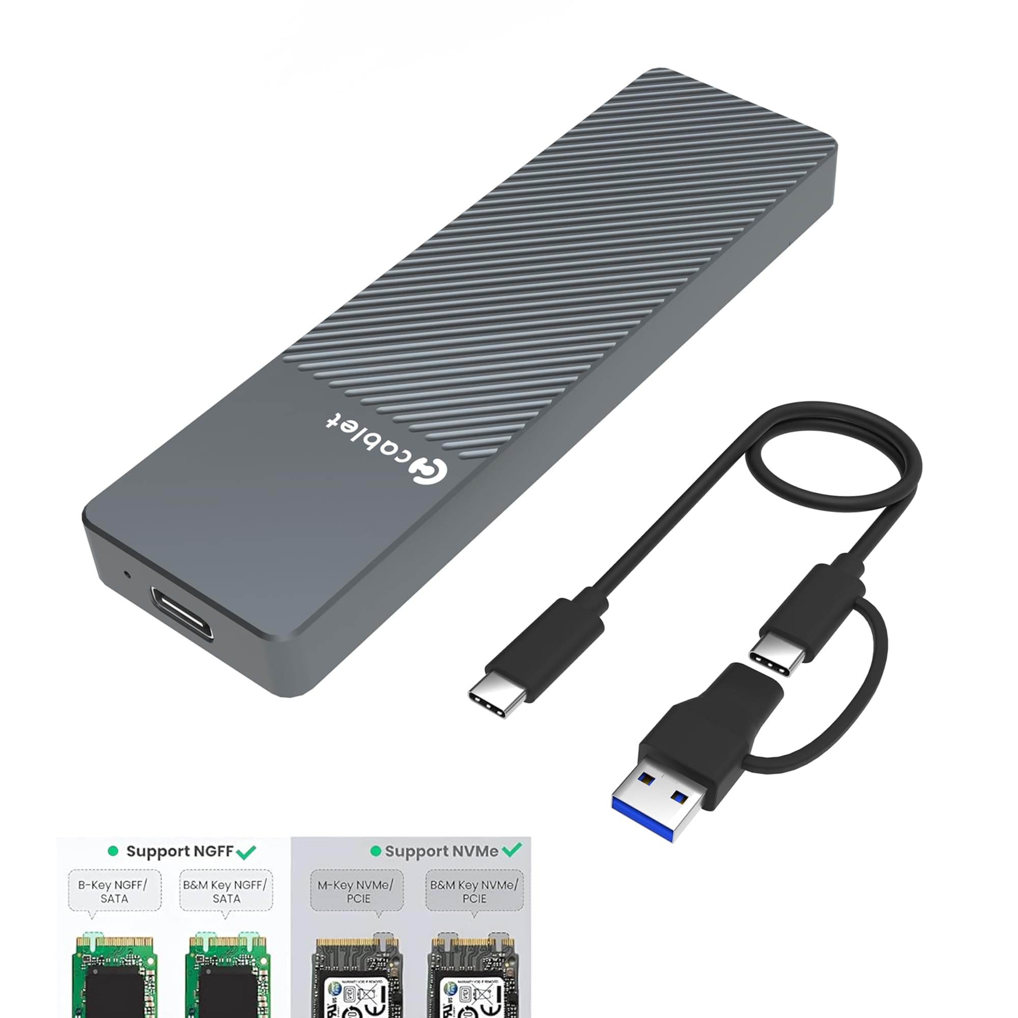 Cablet M.2 NVMe/NGFF SSD Enclosure USB 3.1 Gen2 10Gbps for 2242/2260/2280 M-Key/M+B Key PCIe SSD, Supports Dual Protocol NVMe and NGFF SSD, UASP Max 2TB, Aluminium Case