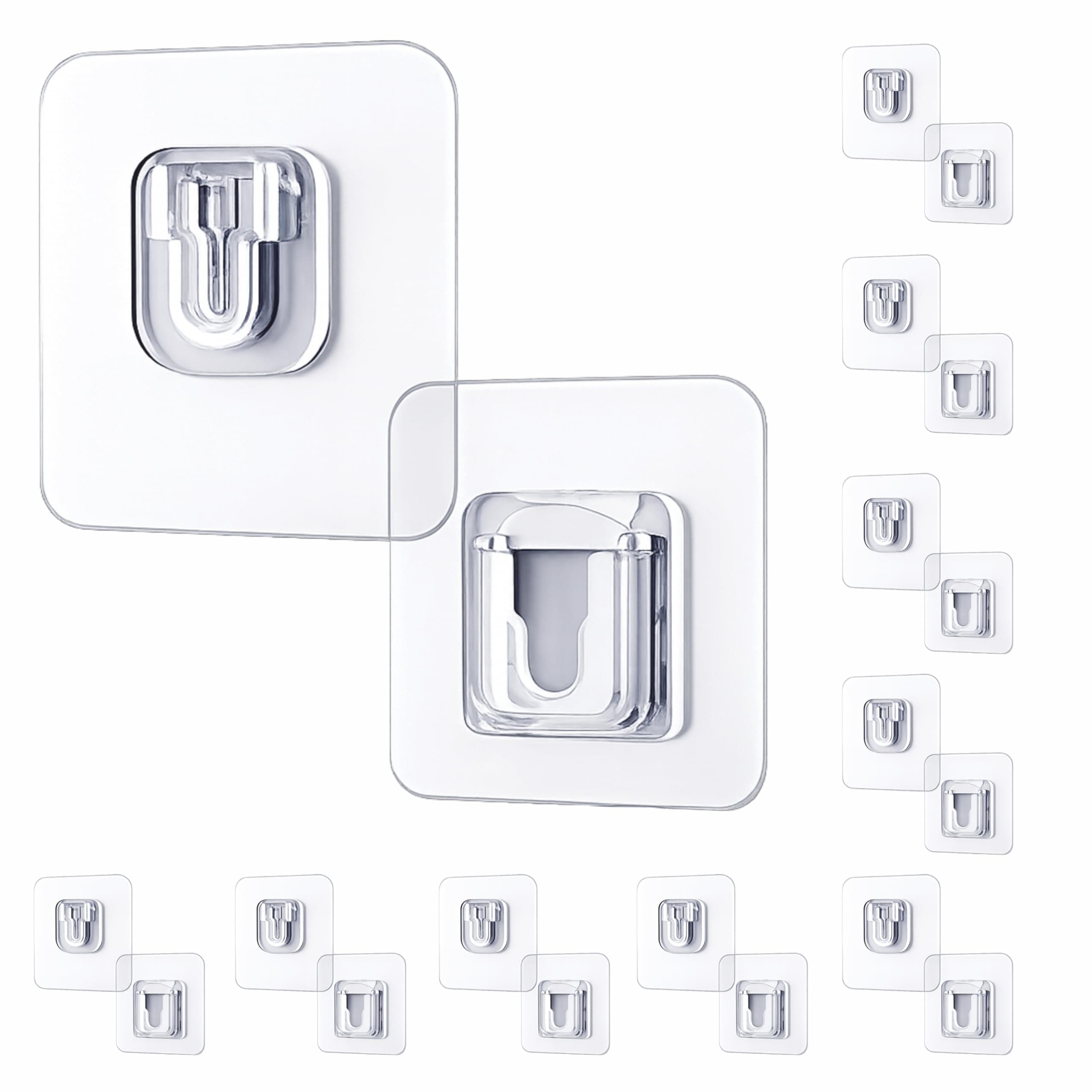 JIALTO 10 Pcs Heavy Duty Waterproof Double-Sided Adhesive Wall Hooks - Strong Plastic Hooks for Wall Hangings, Robes, Bathroom, Kitchen - Stainless Steel Finish