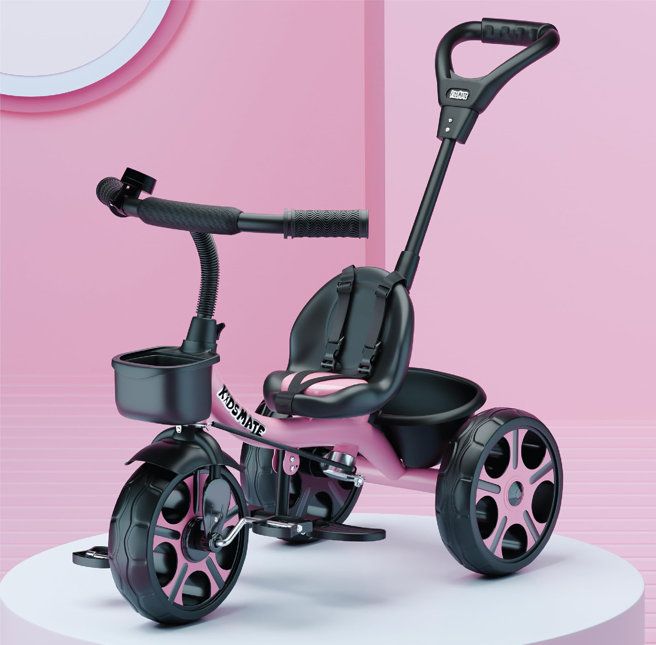 Kidsmate Junior Tricycle for Kids with Parental Control | Cycle for Kids 1-4 Years | Baby Cycle | Bicycle with Storage Basket, Cushion Seat and Seat Belt Carrying Capacity 30 Kgs (Pink)