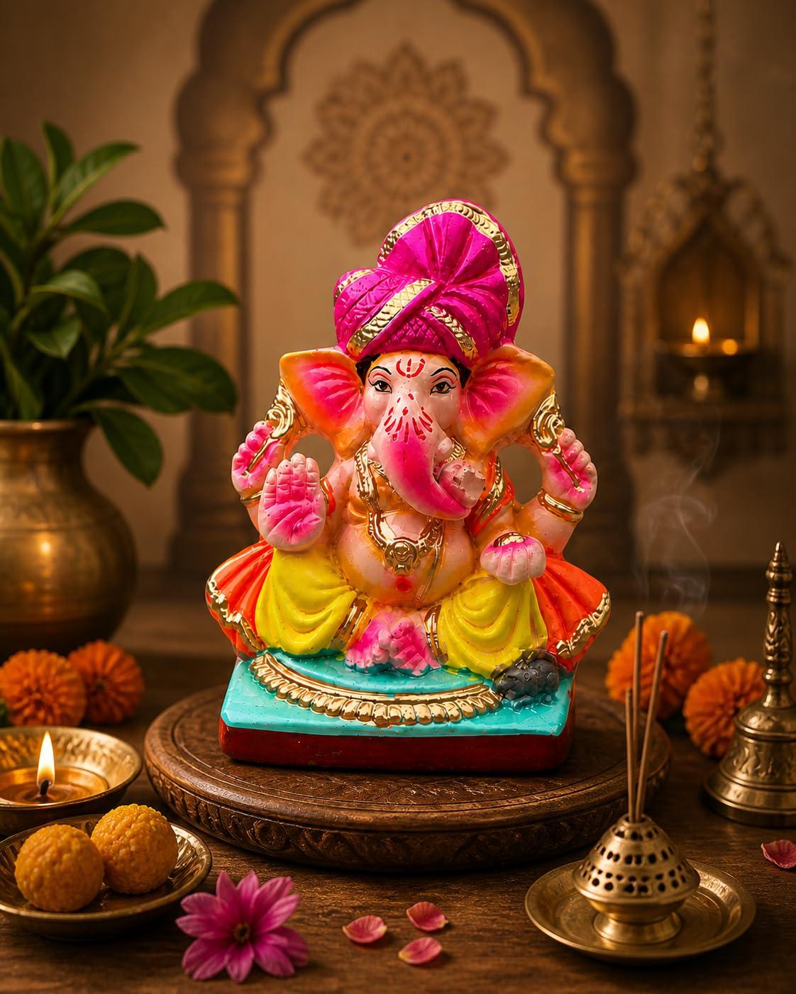 Natural Clay Ganesh Ji Murti | Eco Friendly Ganpati Bappa Idol for Pooja Room & Car Dashboard