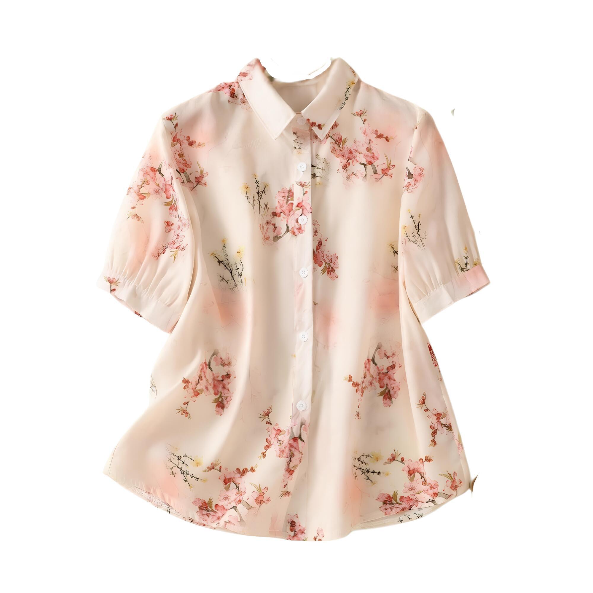 Gufrina Women's Cream Floral Printed Western Shirt with Button Down Front, Short Puff Sleeves and Relaxed Fit Silhouette(Cream-XL)