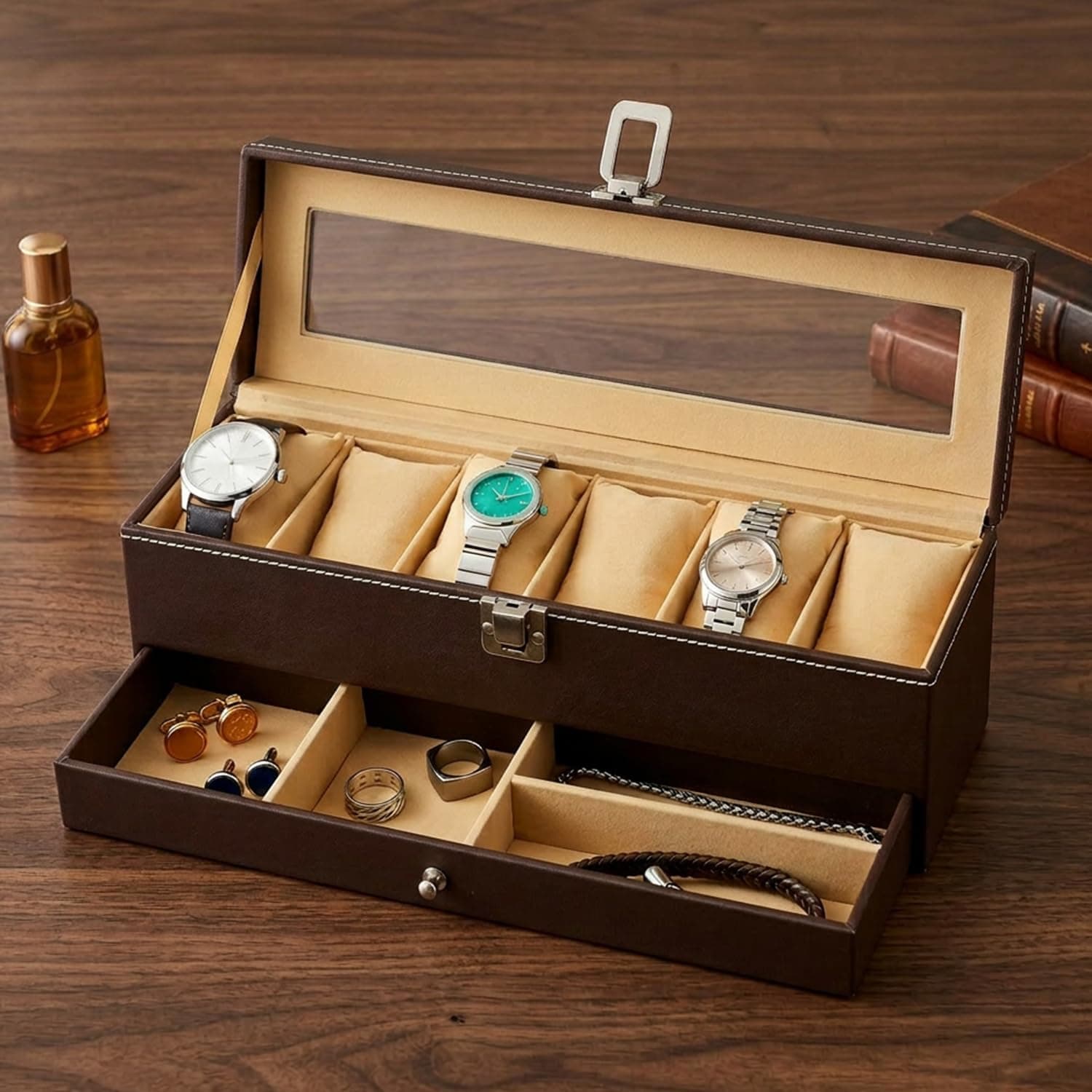 Amazon Basics Sliding Drawer 6-Slot Watch and Jewelry Organizer – Faux Leather & MDF Storage Box for Men and Women, Brown