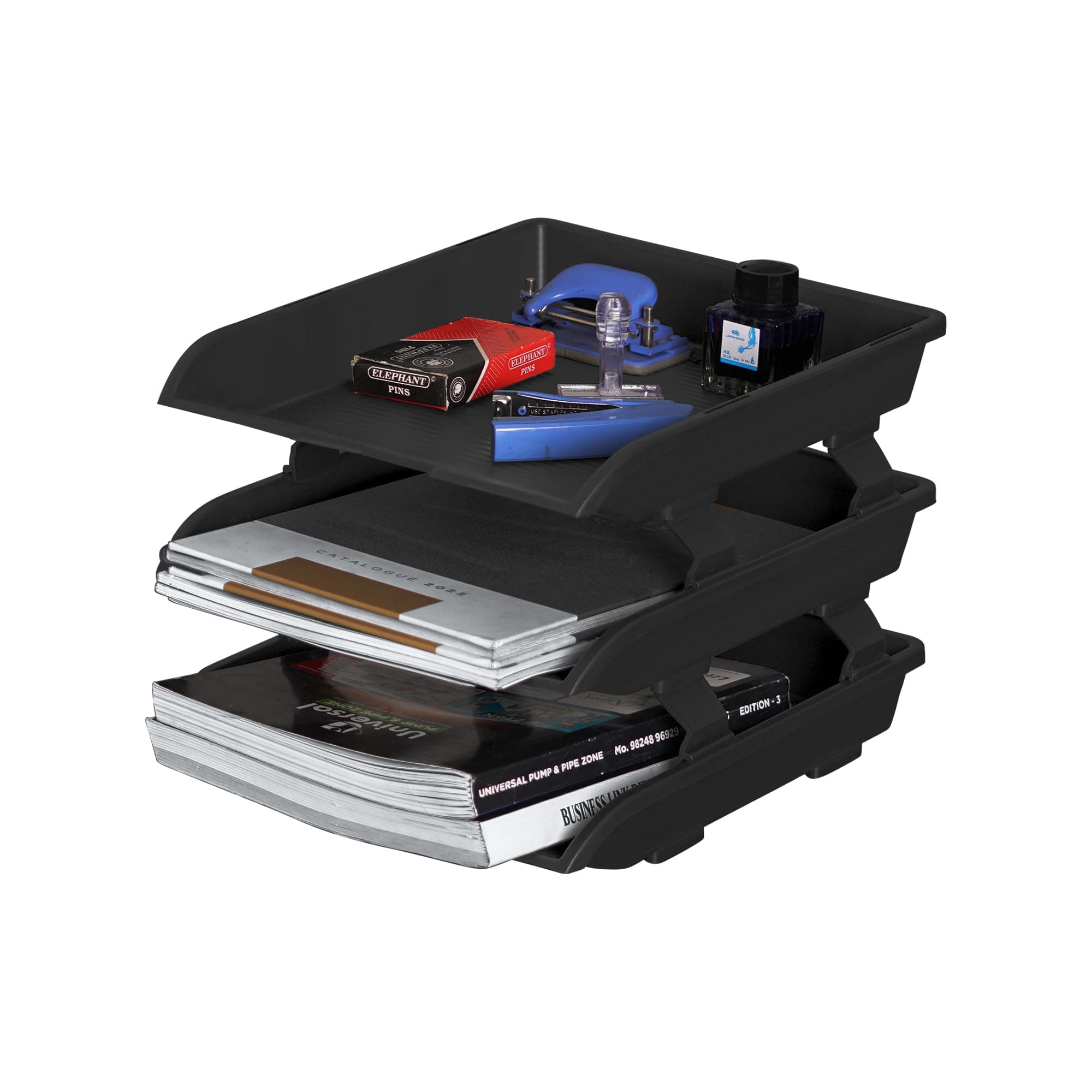 Primelife 3 Tier File Tray Organizer - Black | ABS Plastic Desk File Rack | Foldable Office Document & Paper Tray | Desktop Letter Holder for A4 Files, Books & Office Stationery