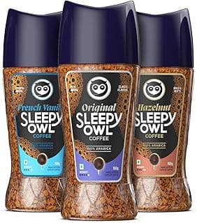 Sleepy Owl Instant Coffee Powder Pack of 3 | Premium Combo - Original, Hazelnut, French Vanilla | 100% Arabica Beans | Delicious Assorted Flavours | Ready in Seconds | Makes 150 cups | 100gm Each