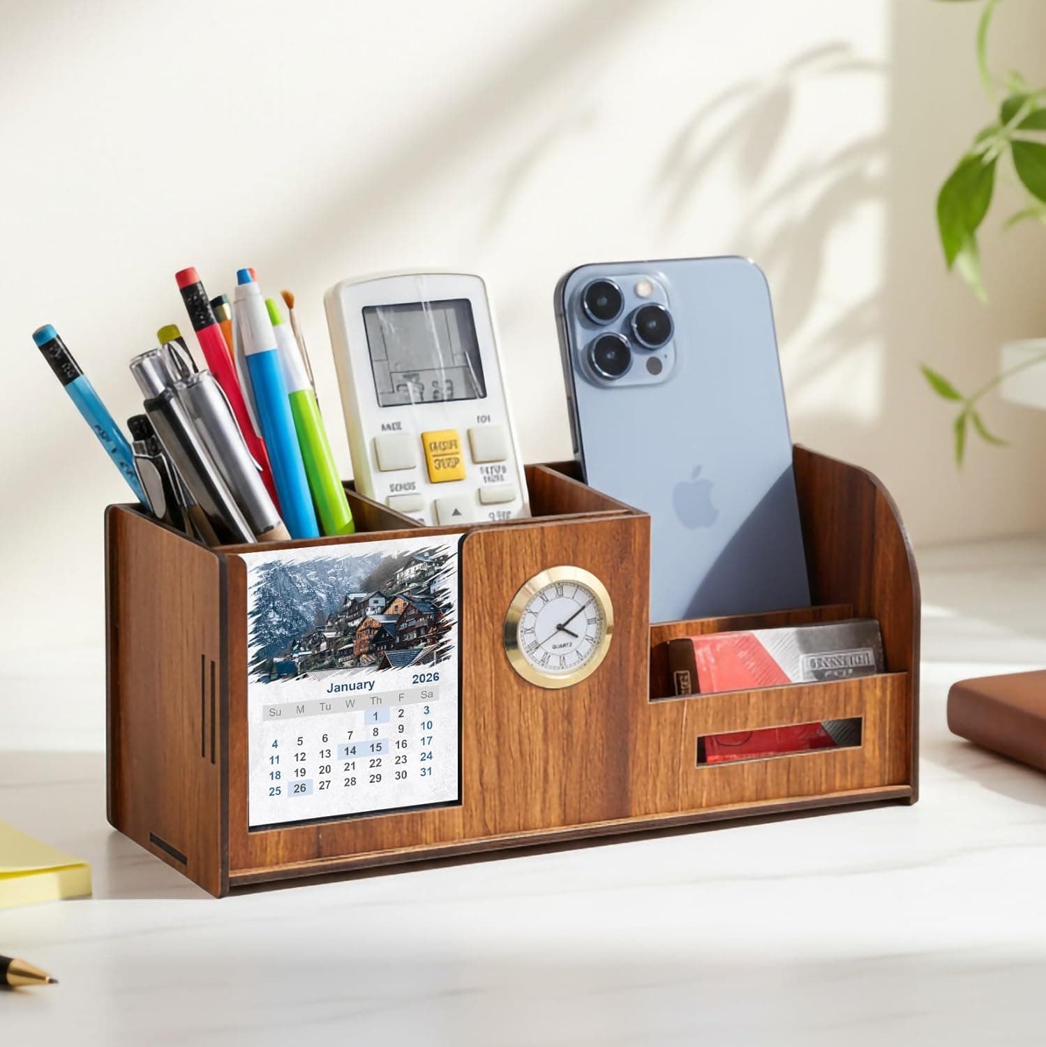 Deskart Premium Pen Holder Stand with Clock, Two Years Calendar, Business Visiting Card & Mobile Holder | Multipurpose Desk Organizer with for Office Desk and Gifting