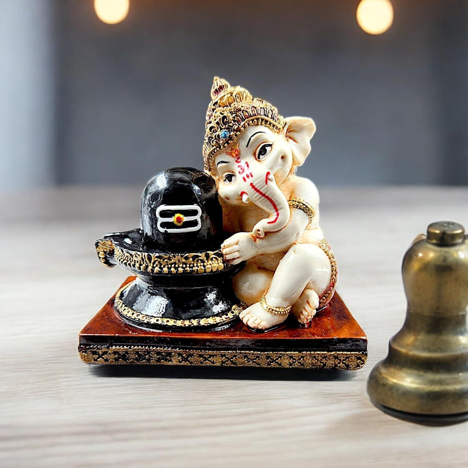 Karigaari India Ganesha Idol for Car Dashboard I Ganesh ji ki Murti in Shivling Pooja Pose I Cute Ganesha Showpiece for Home Decor,Gift,Office (Multicolor)
