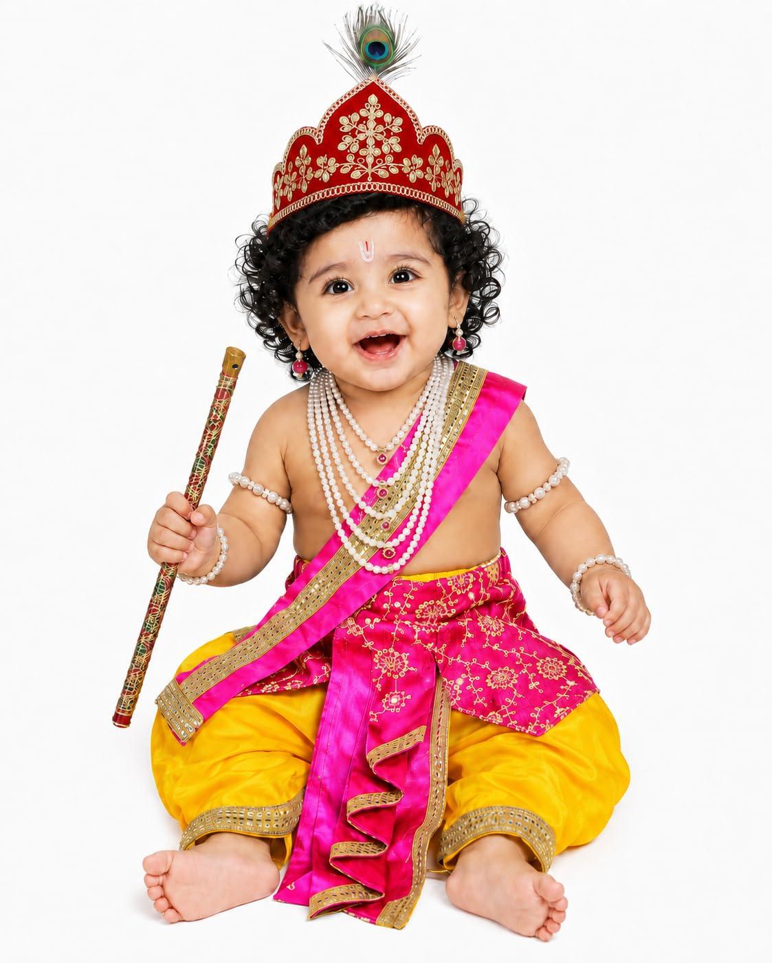 Sarvda Krishna Dress for Kids | Janmashtami Kanha Costume with Mukut, Mor Pankh, Kundal & Flute | Nand Gopal Fancy Dress Set for Baby Boys & Girls 0-6 Months 1 2 3 4 5 6 7 8 Year