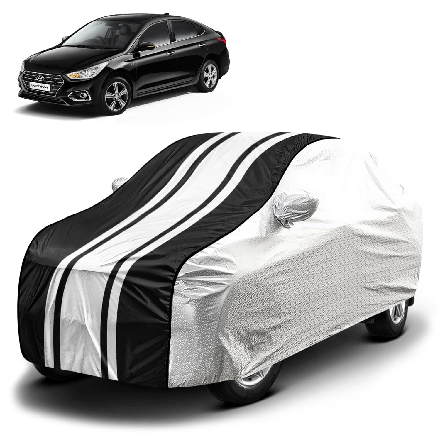 Fabtec Waterproof Car Body Cover for Hyundai Verna with Mirror Pocket and Soft Cotton Lining, Bottom Elastic, Triple Stitched (Metallic Silver with Black Stripes) (No Antenna Pocket)