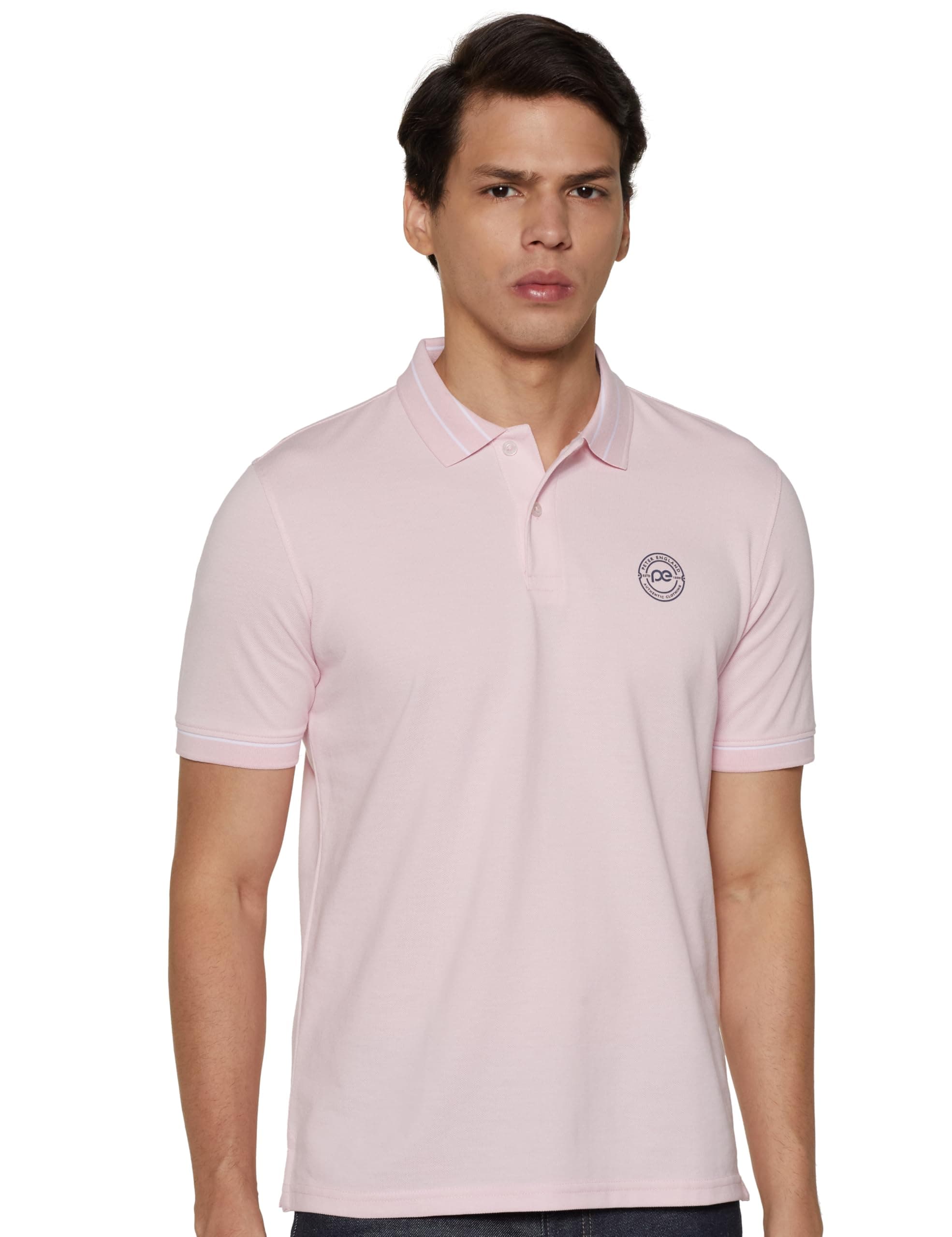 Peter England Men's Regular Fit Branded Insignia Half Sleeve Polo T Shirt|Cotton Rich|Premium Pique Weave,Pink
