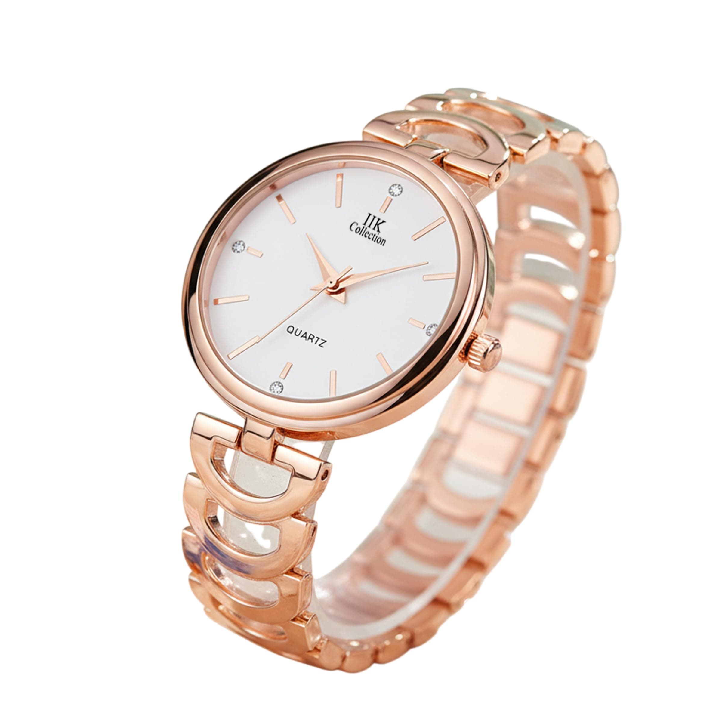 IIK COLLECTION Watches for Women Round Studded Dial |Analogue Quartz Movemnet Ladies Watch|Long Battery Life|Stainless Steel Adjustable Bracelet Chain Strap|Double Lock Clasp Safety Watches for Girls