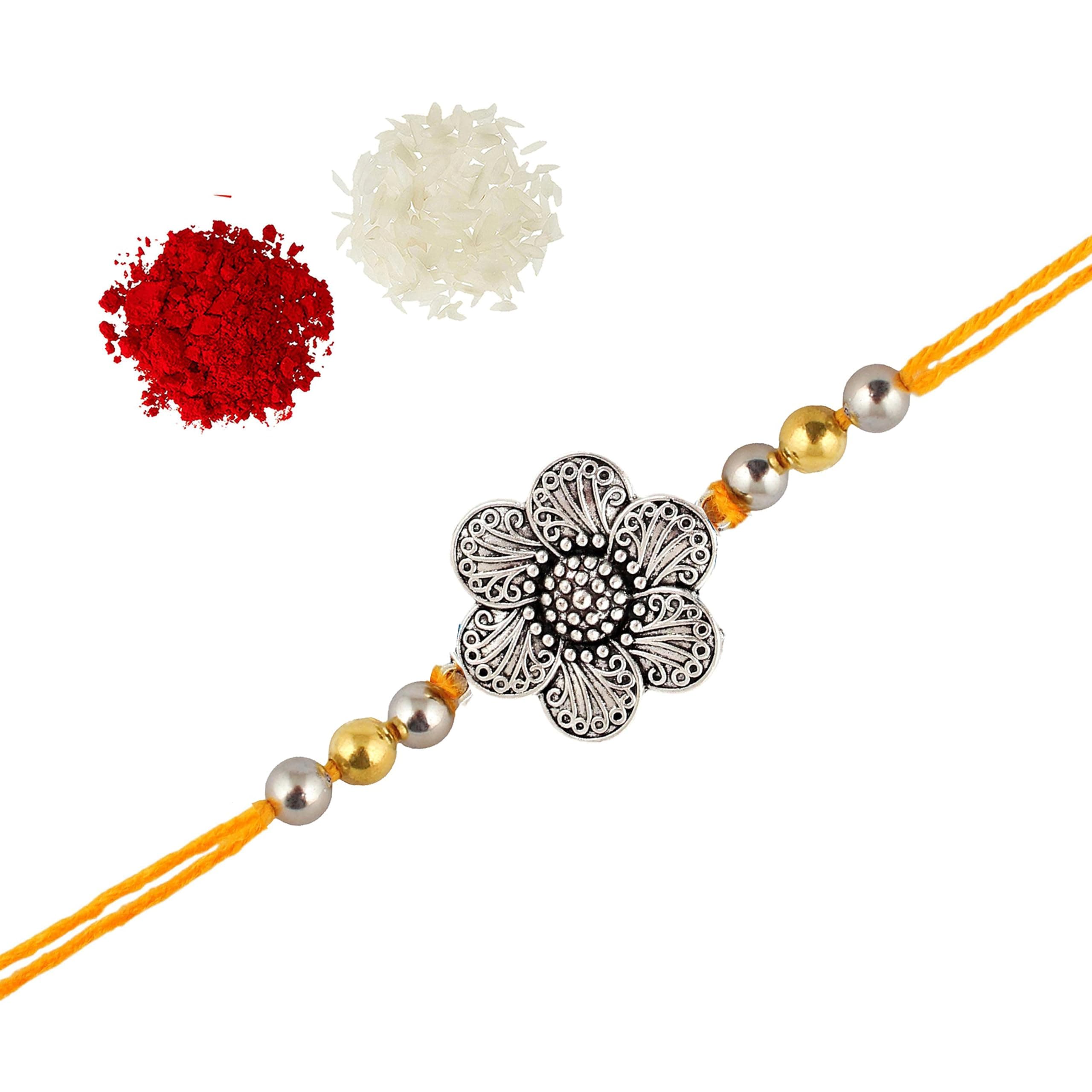 Lucky Jewellery Premium Floral Designer Rakhi for Brother | Elegant Rakhi with Red Beads | Raksha Bandhan Special