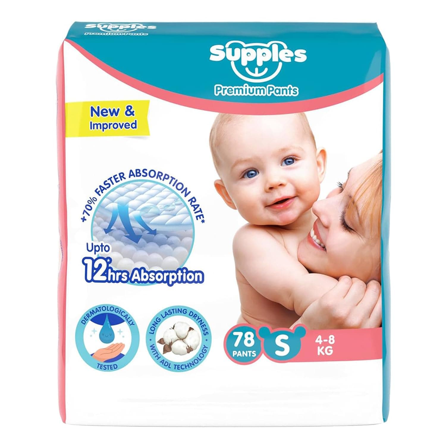 Amazon Brand - Supples Premium Baby Diaper Pants | 78 Baby Diapers | Small | 4-8 Kg | 12 Hrs Absorption | Cushiony Cotton Soft Fabric | Phthalates-Free | Triple Leak Guard