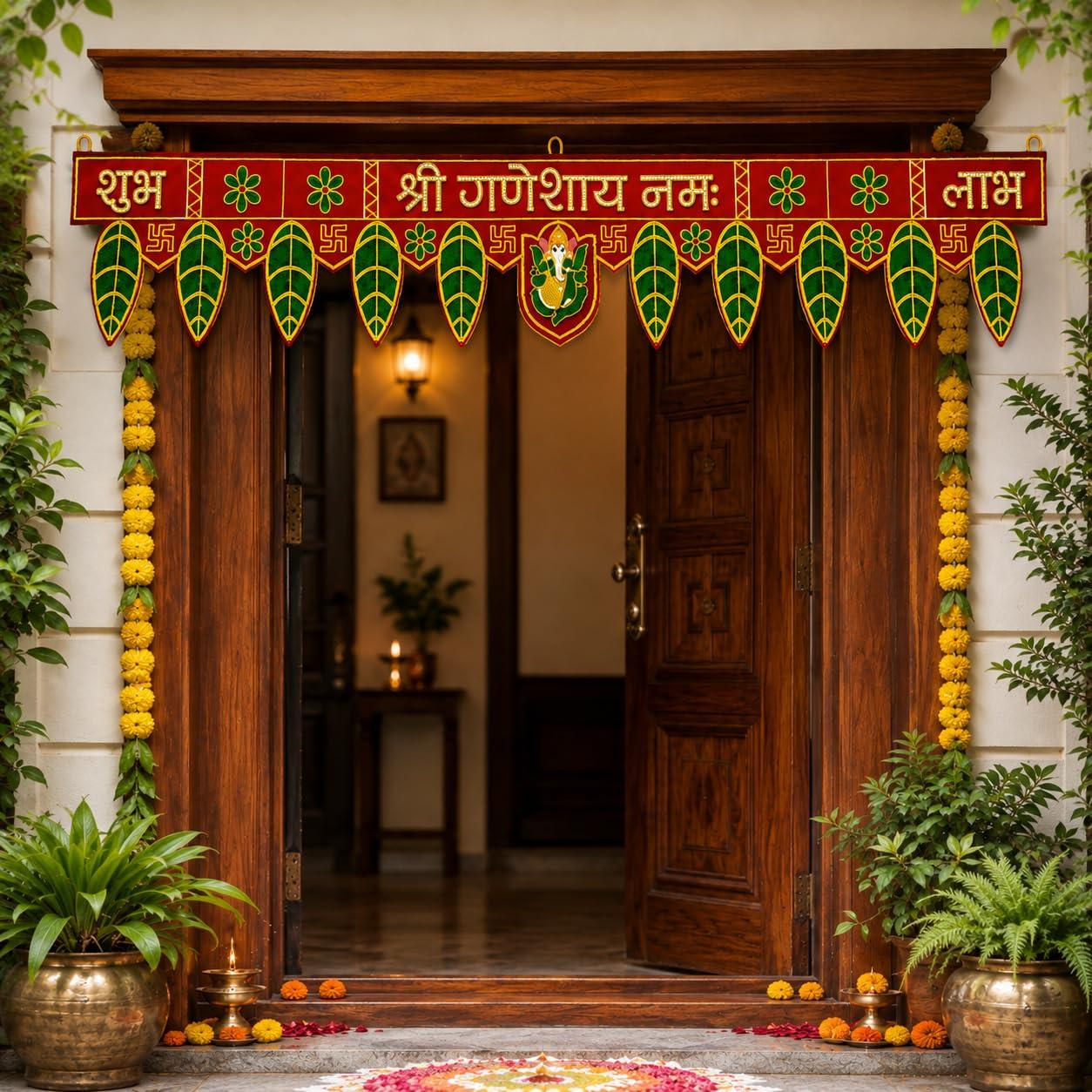 Pop The Party Shree Ganeshay Namah Toran for Main Door Entrance Decoration- 3ft Shubh Labh Ganesh Decorative Hanging with Green Leaf Toran for Ganesh Chaturthi, Diwali, Puja & Festive Home Decor 1Pc