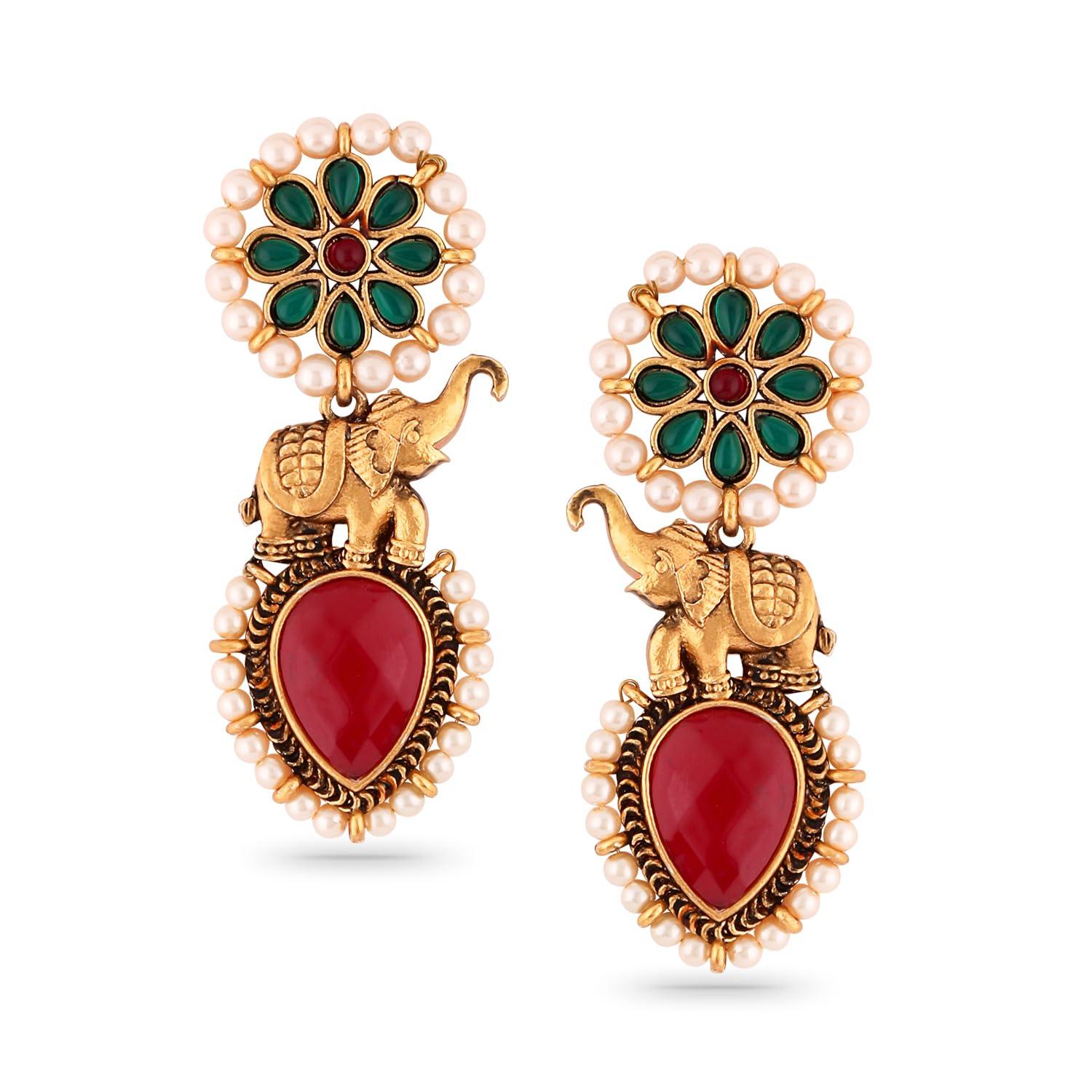 Rubans Earrings Pearl Studded & Girl Red Green Elephant Motif with Beaded Accents Jewellery Gift for Women & Girls