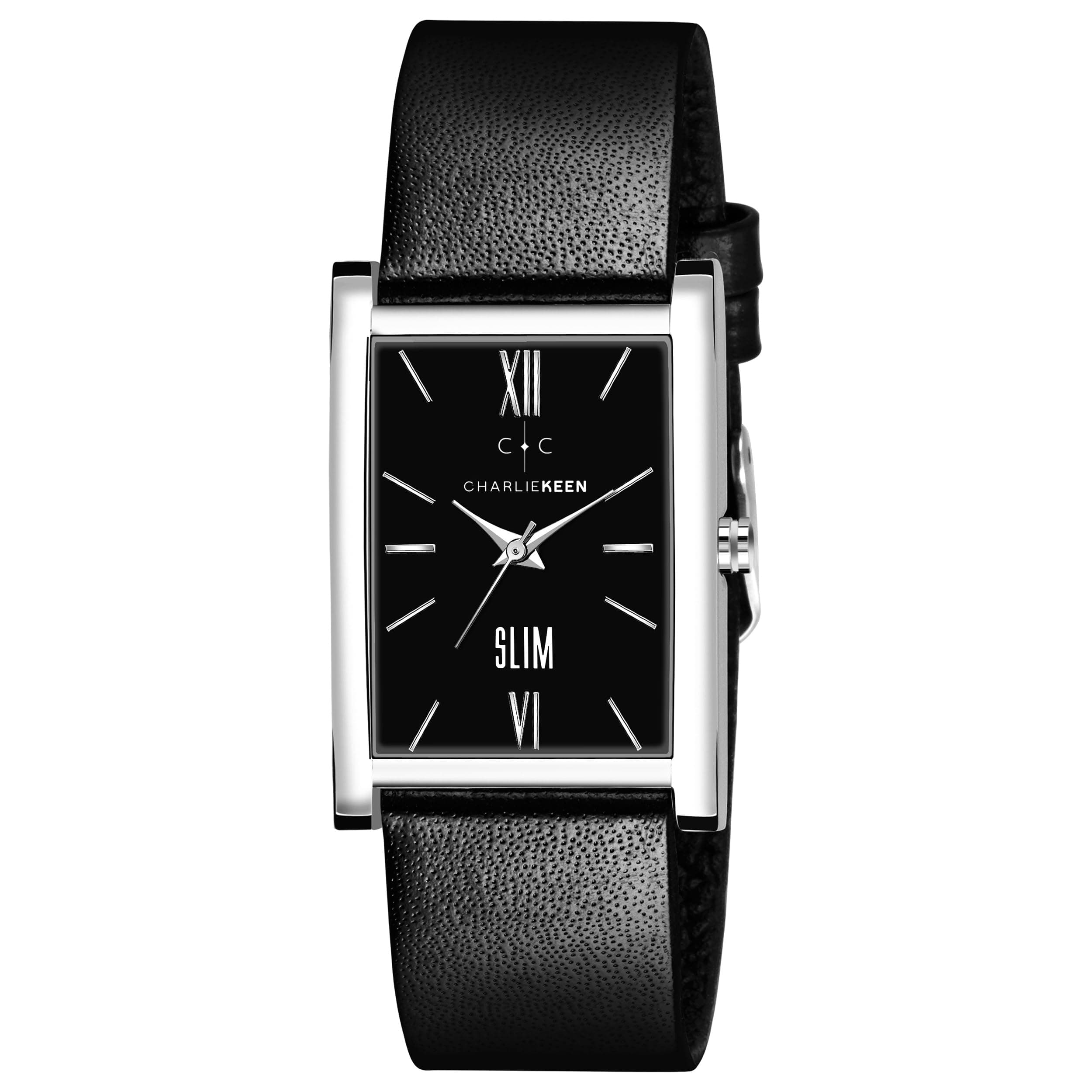 CHARLIEKEEN Slim Analogue Watch, Black Dial, Leather Strap (Black)