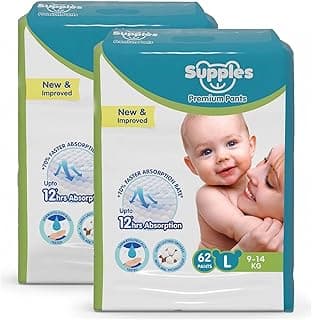 Amazon Brand - Supples Premium Baby Diaper Pants | 124 Baby Diapers | Large | 9-14 Kg | 12 Hrs Absorption | Cushiony Cotton Soft Fabric | Phthalates-Free | Triple Leak Guard | 62 Count, Pack of 2