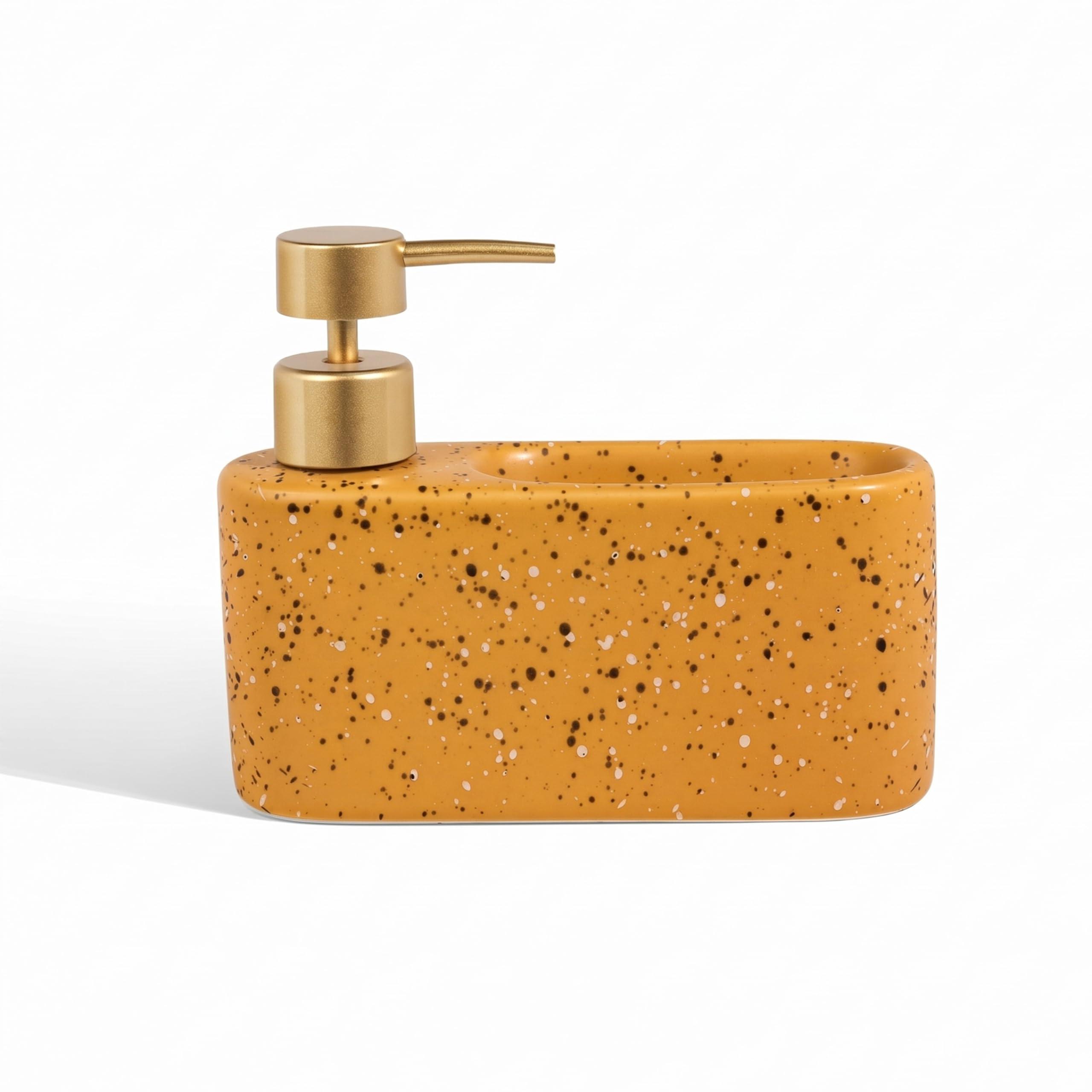 Birch & Co. Kitchen Sink Caddy with 350ml Soap Dispenser, Sponge Holder & Scrubber Storage, Premium Ceramic Dish Soap Dispenser for Kitchen Countertop, Anti-Slip Base, YellowSpeckle