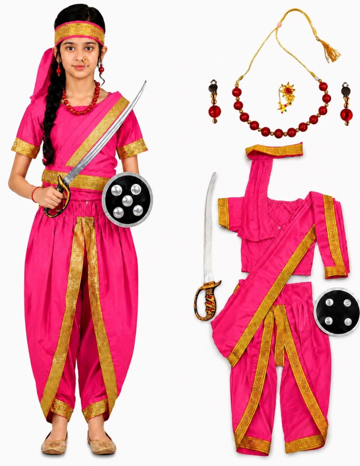 BookMyCostume Rani Laxmi Bai with Jewellery Jhansi ki Rani Freedom Fighter Manikarnika Fancy Dress Costume 12-14 years