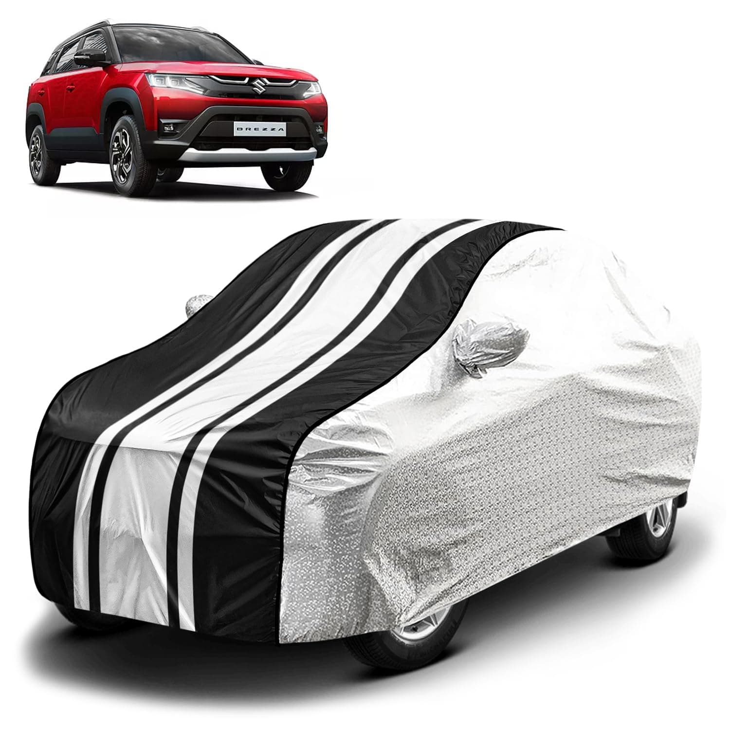 Fabtec Waterproof Car Body Cover for Maruti Brezza 2023 with Mirror Pocket and Soft Cotton Lining, Bottom Elastic, Triple Stitched (Metallic Silver with Black Stripes)