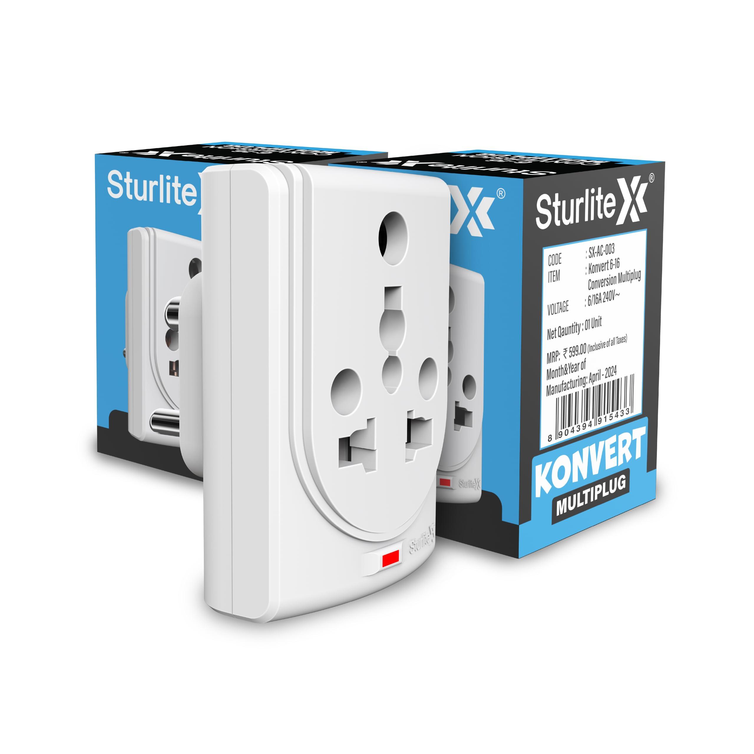 Sturlite Konvert Multiplug| 6-16 Amp| 2-Pin & 3-Pin Socket| Universal AC Travel Adapter| Premium Polycarbonate Body Socket| Compact Converter Plug for Travel, Home & Office Use - Pack of 2