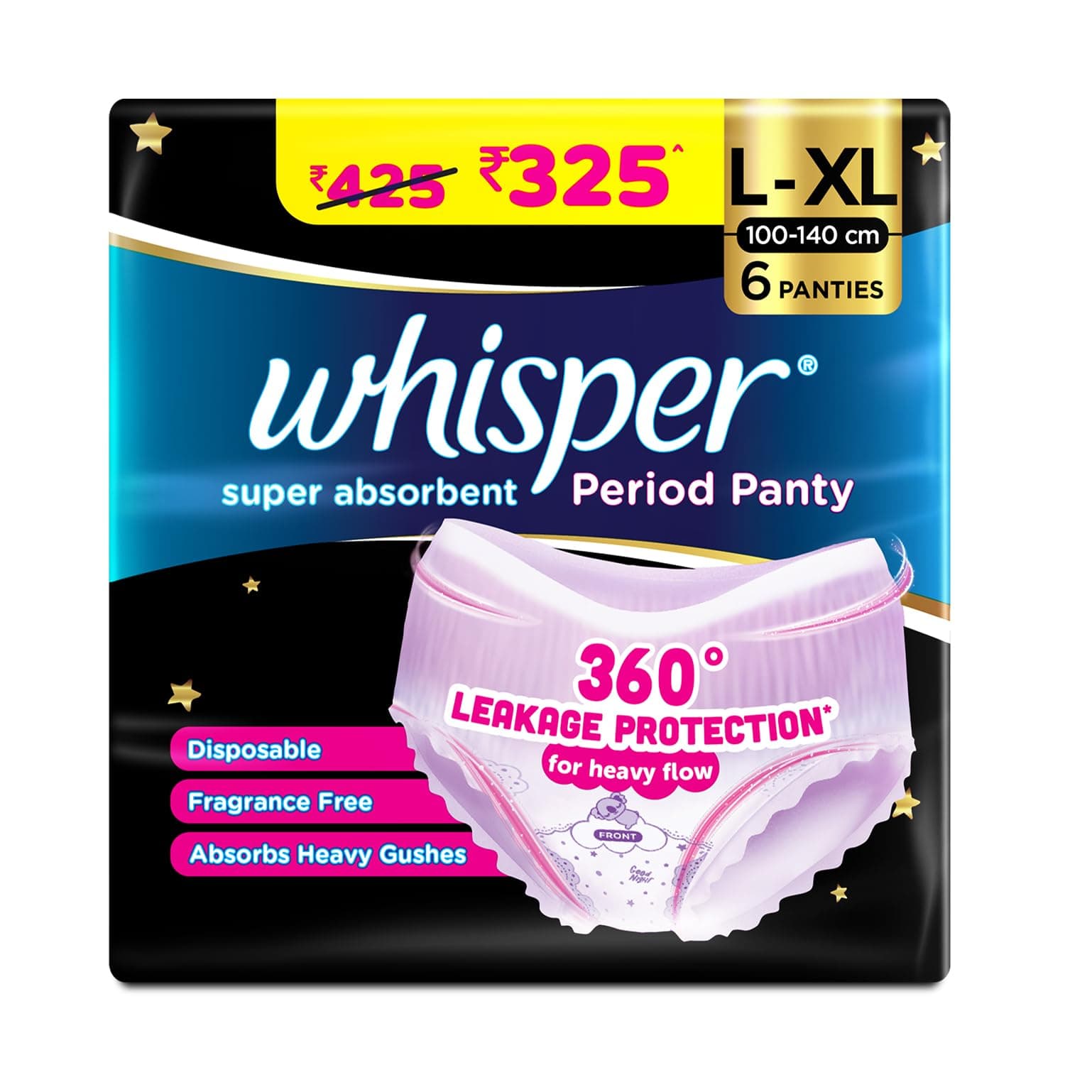 Whisper Super Absorbent Period Panty, 6 L-XL Pants, 360 Degree Leakage Protection* for Heavy Flow For Women, Panty like Fit, Full back Coverage, Absorbs Heavy Gushes, Silky Soft, Comfortable Feel