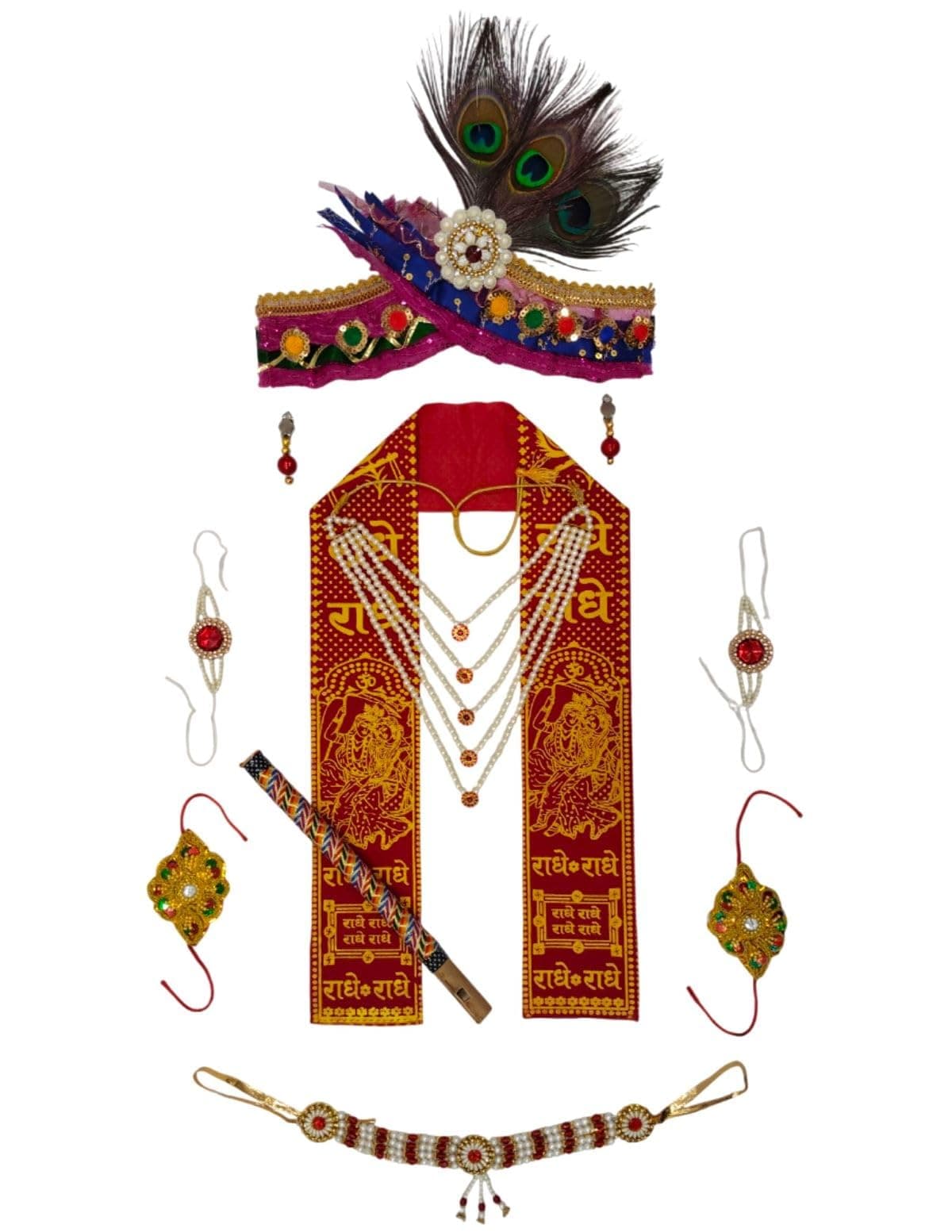 BookMyCostume Wood Krishna Jewellery For Kids Premium 9-Pcs Incl Pagdi|Accessorize Your Krishna Dress For Kids|Jewellery Accessory For Krishna Dress For Baby Boy|Janmashtami Dress Accessory – 0-7 Yrs