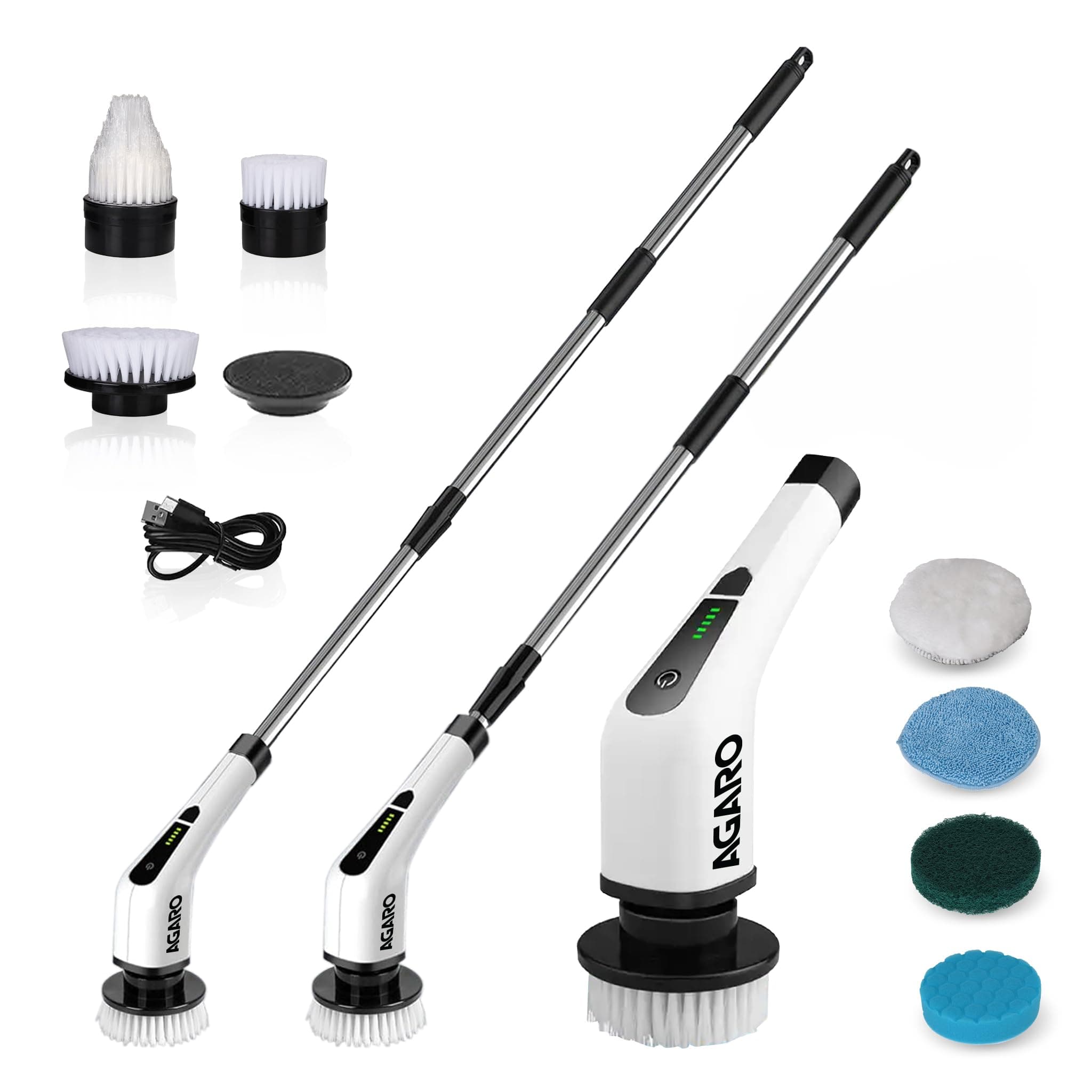 AGARO Royal Electric Spin Scrubber, Cleaning Brush Scrubber for Home, 400RPM/Min, 8 Replaceable Brush Heads, 90 Min Work Time, 3 Adjustable Size, 2 Adjustable Speeds, for Bathroom, Floor Tiles, White