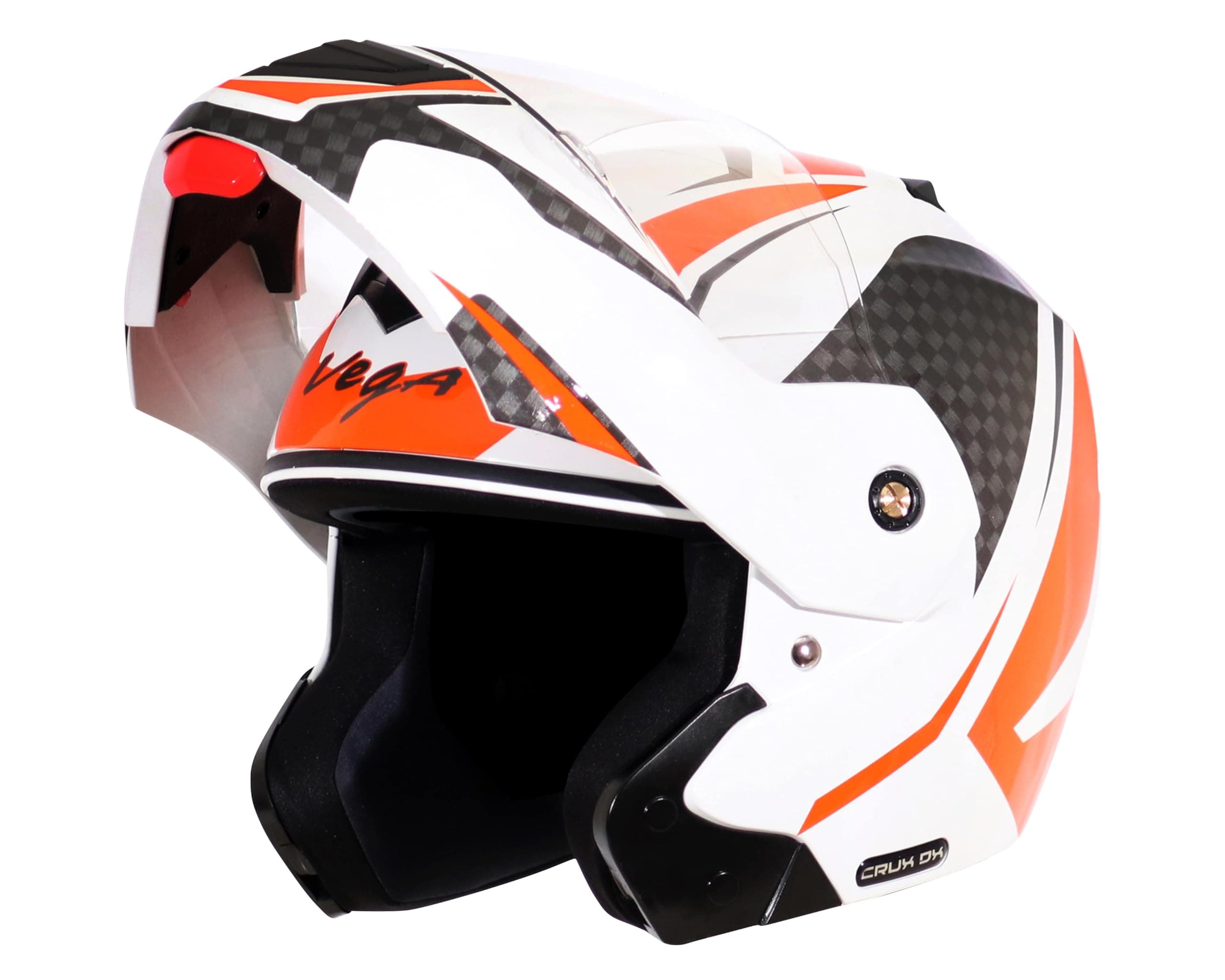 Vega Crux Dx Checks ISI Certified Gloss Smooth Finish Flip-Up Helmet for Men and Women with Clear Visor(White Orange, Size:M)