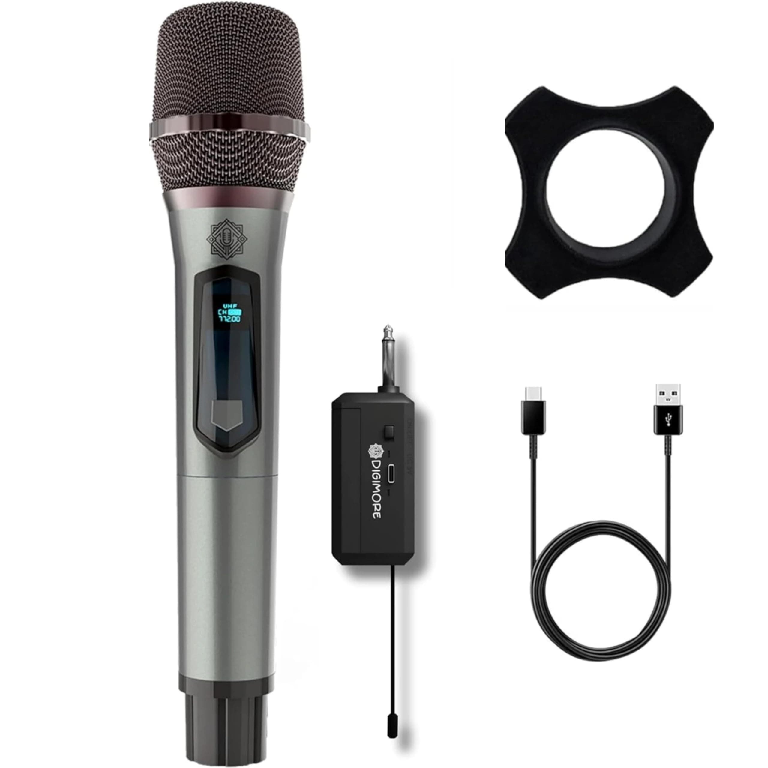 DIGIMORE UHF Wireless Microphone | Noise-Reduction Coil | 200ft Long Range | Cardioid Pattern | 10Hrs Battery | Type-C Port | Ideal for House Parties, Live Events, Singing, Classroom, Church D-340