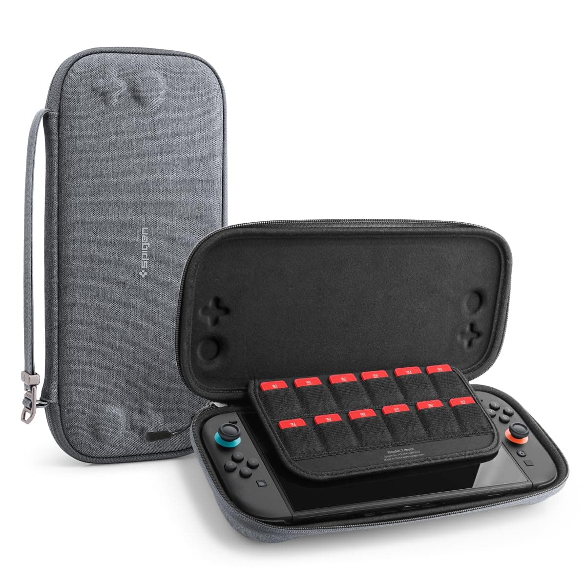 Spigen Klasden Pouch Version 2 for Switch 2 (2025) Case with 12 Game Cartridges, Rear Grip and G Hook Hard Shell Travel Pouch - Charcoal Gray