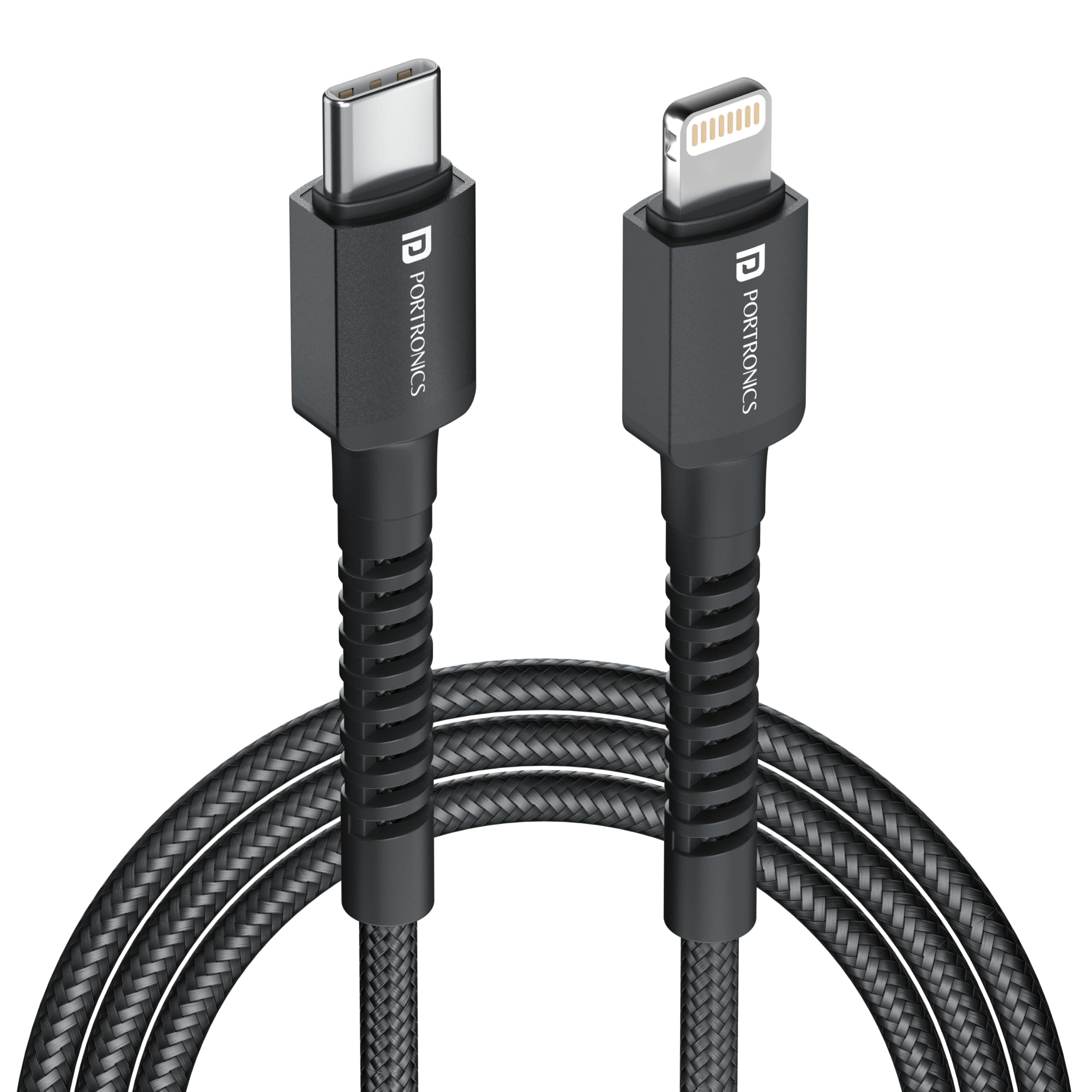 Portronics Konnect X 27W Type C to 8 Pin Fast Charging Strong Braided Cable, Metal Heads, 1M Length, Supports all 8 Pin & Lightning Devices (Black)