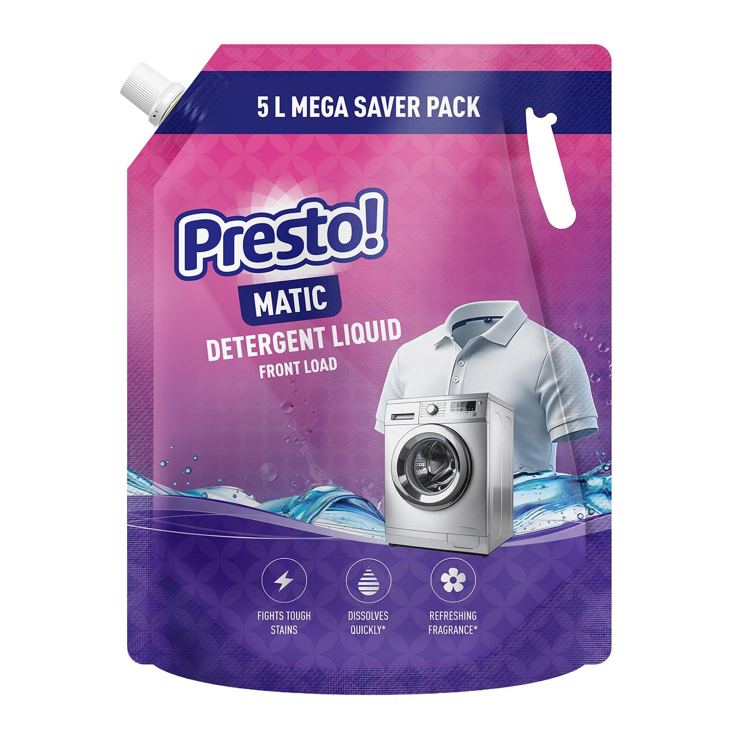Amazon Brand - Presto! Matic Front Load Liquid Detergent Refill Pack 5L | Floral Scent | Quick Action Stain Removal for Front Load Washing Machines